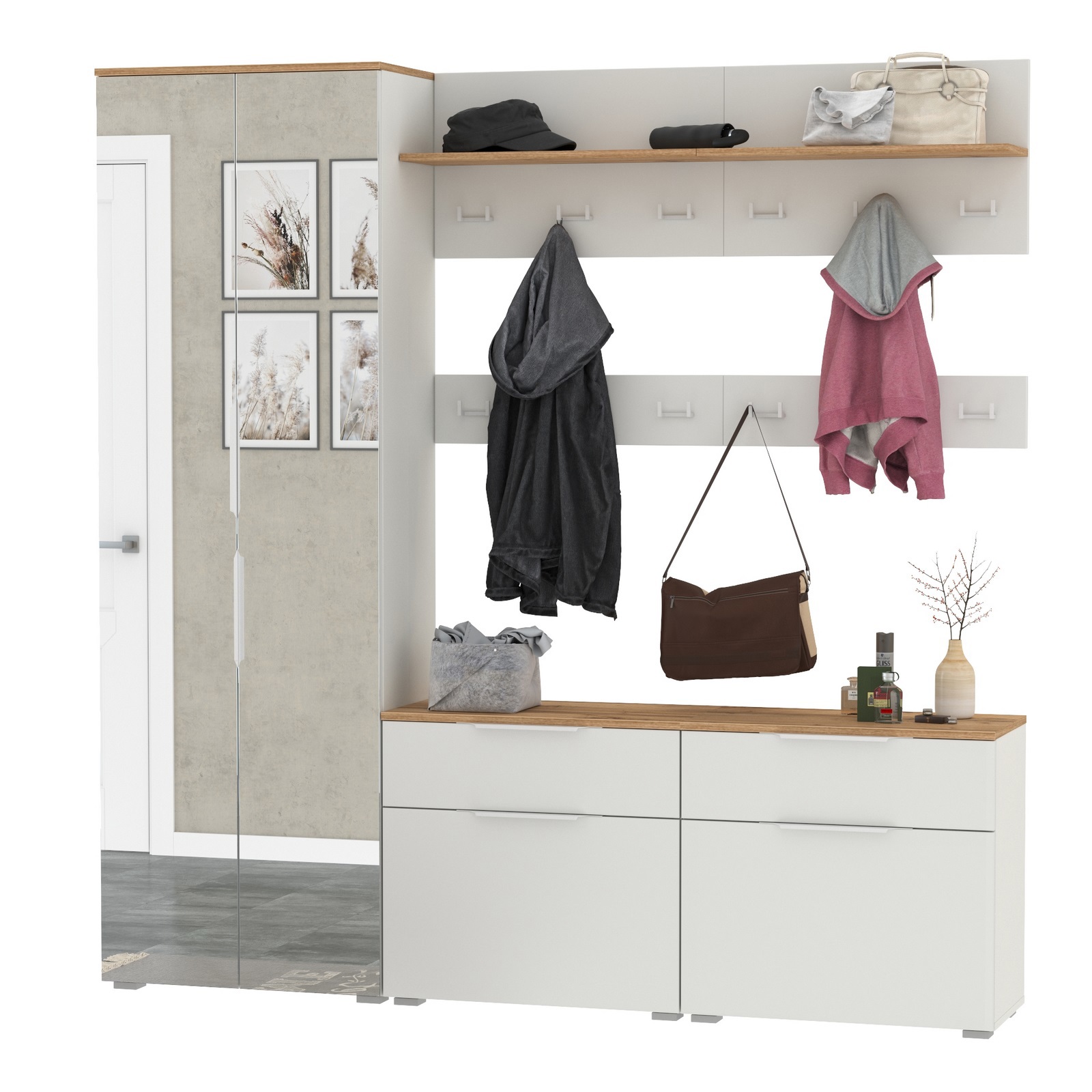 Изображение товара Шкаф-прихожая MOBI Октава №32 с зеркалом и обувницами Изображение товара Шкаф-прихожая MOBI Октава №32 с зеркалом и обувницами