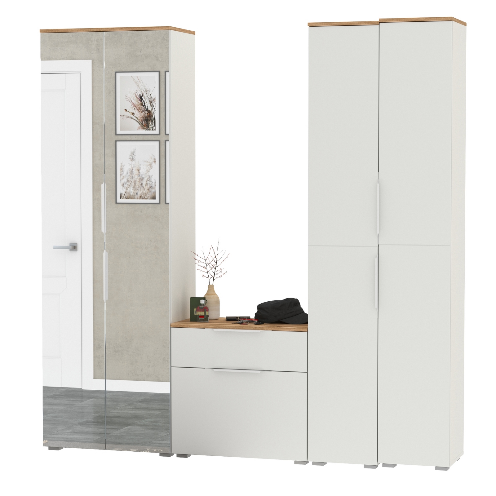 Изображение товара Комплект мебели для прихожей Mobi Октава № 28 194x197.6x35.4 см белый дуб золотой