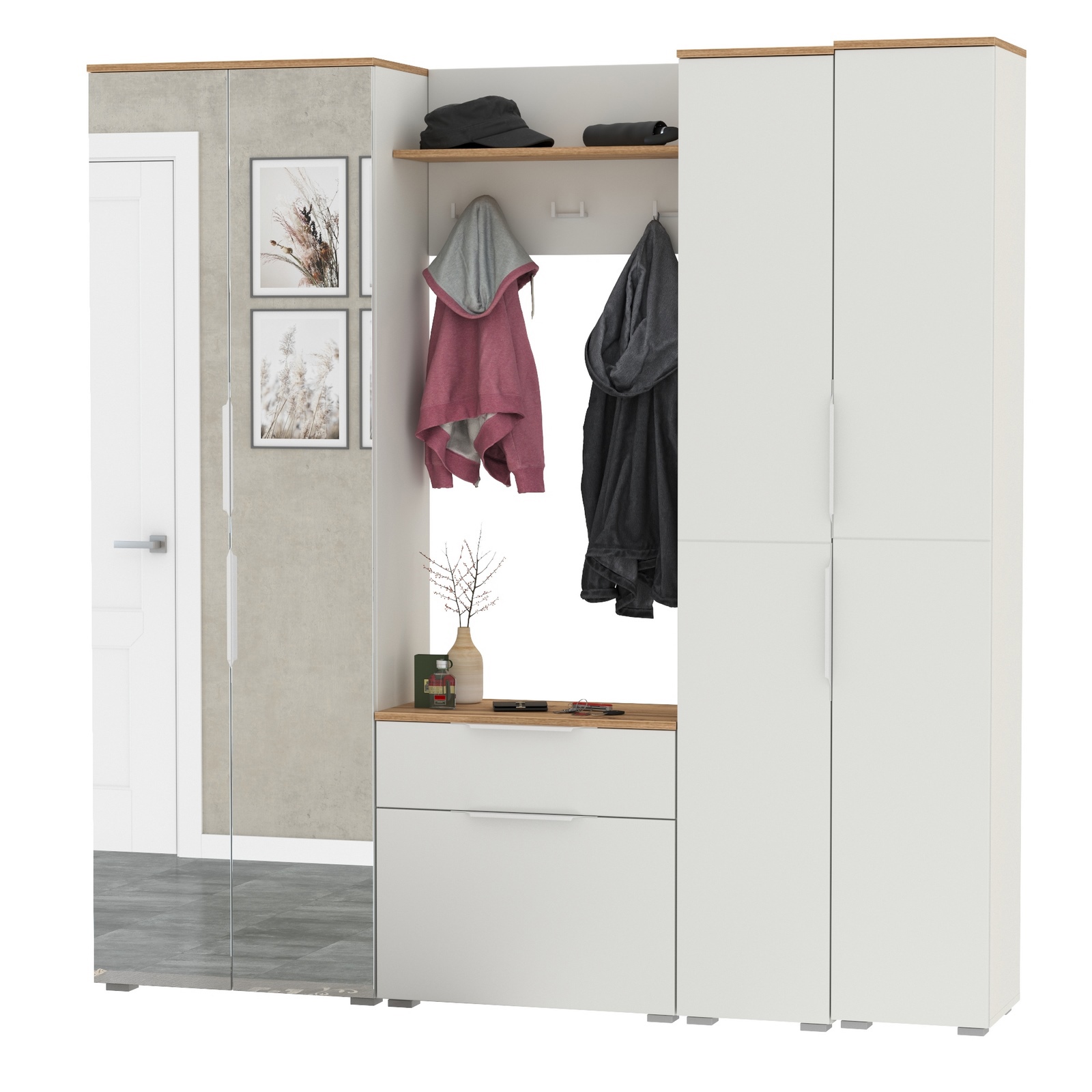 Изображение товара Комплект мебели для прихожей MOBI Октава № 29 белый шагрень дуб золотой