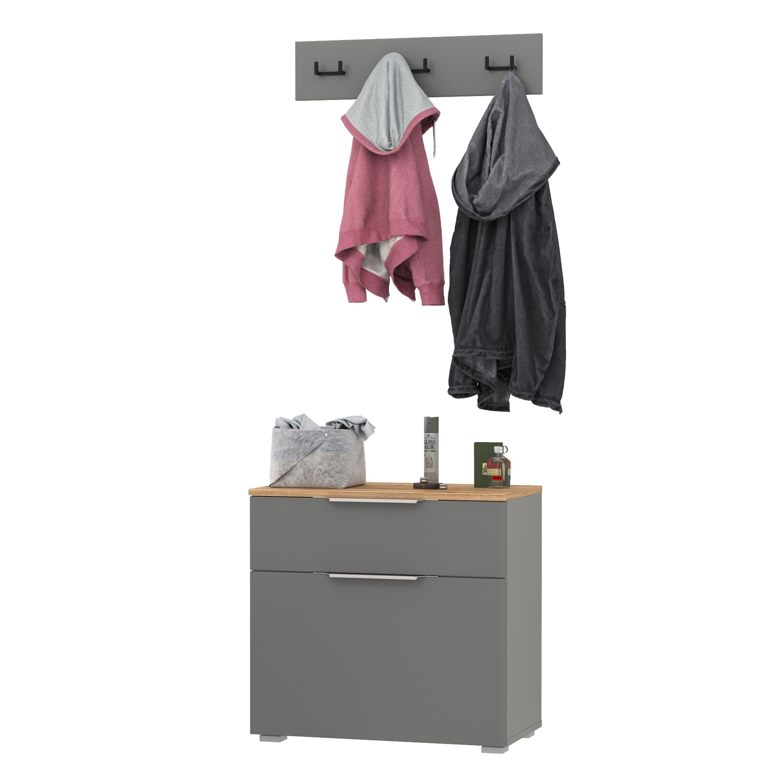 Изображение товара Комплект мебели для прихожей Mobi Октава 16.127 + 15.14.02 64.9x197.6x35.4 см ЛДСП цвет серый графит/дуб золотой