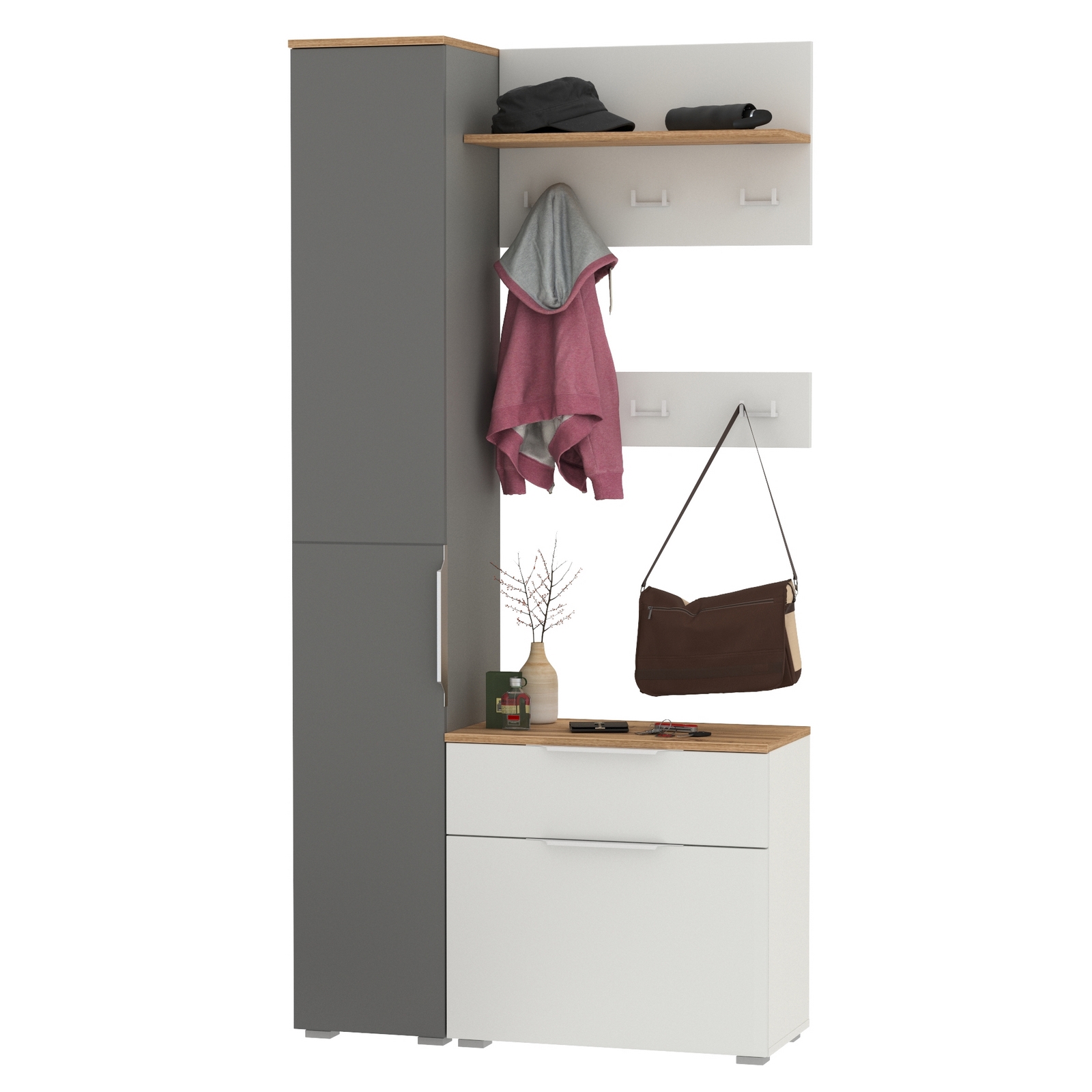 Изображение товара Комплект мебели для прихожей MOBI Октава № 50 белый серый дуб 97х35х198 см