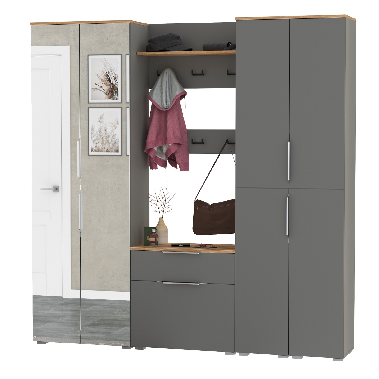 Изображение товара Комплект мебели для прихожей Mobi Октава № 31 150x197.6x35.4 см ЛДСП цвет серый/дуб золотой