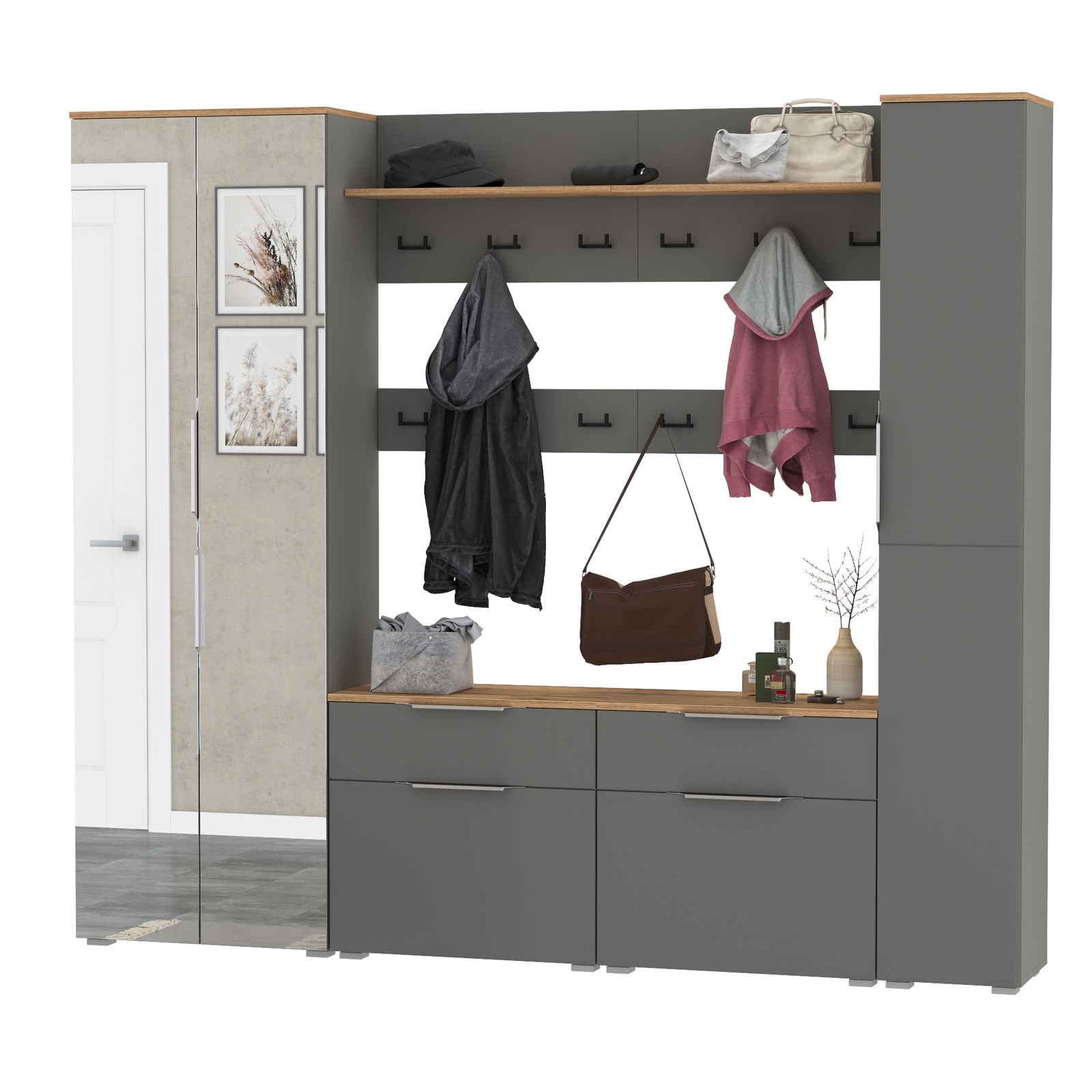 Изображение товара Комплект мебели для прихожей Mobi Октава № 33 серый графит/дуб золотой