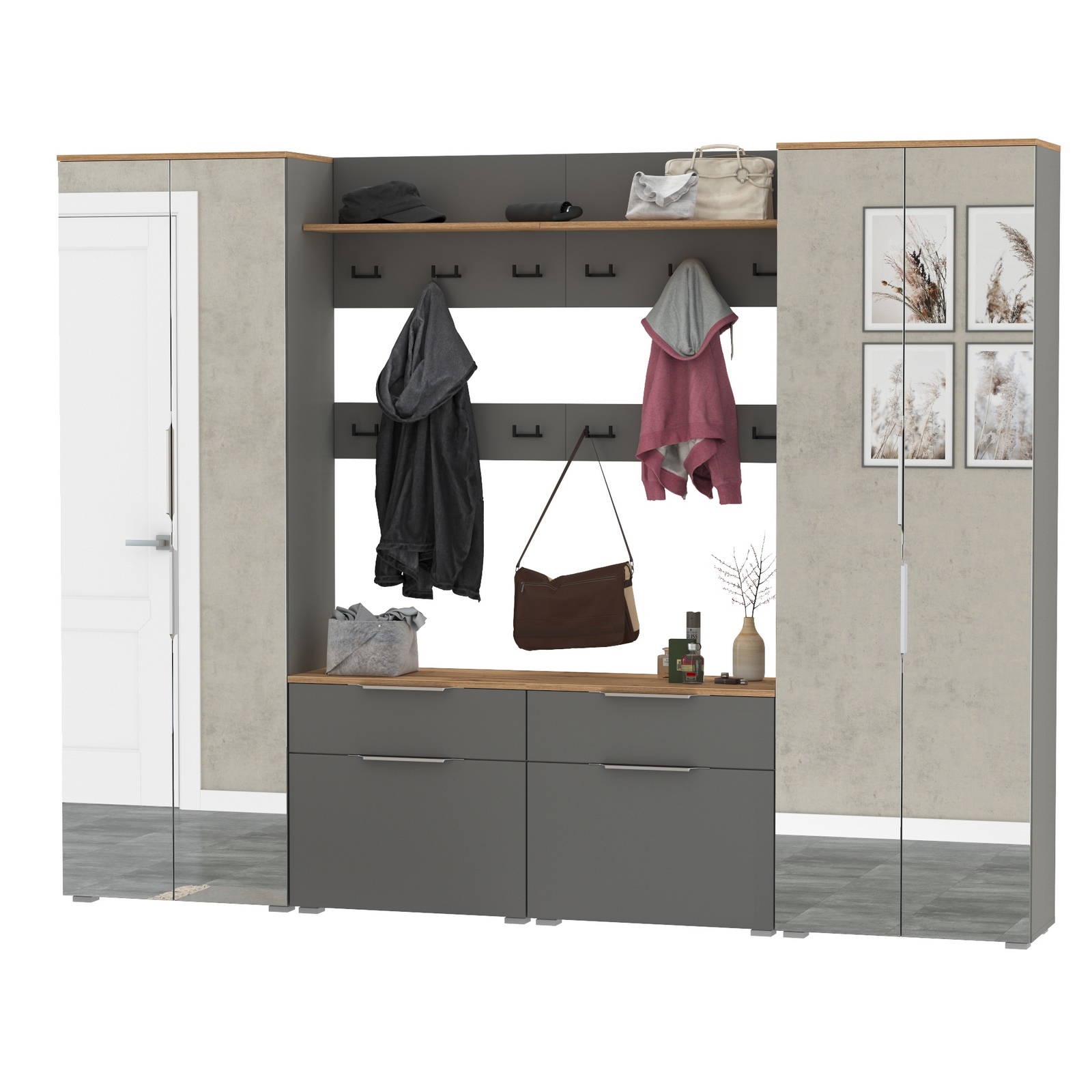 Изображение товара Комплект мебели для прихожей MOBI Октава № 36 из ЛДСП и МДФ золотой и серый