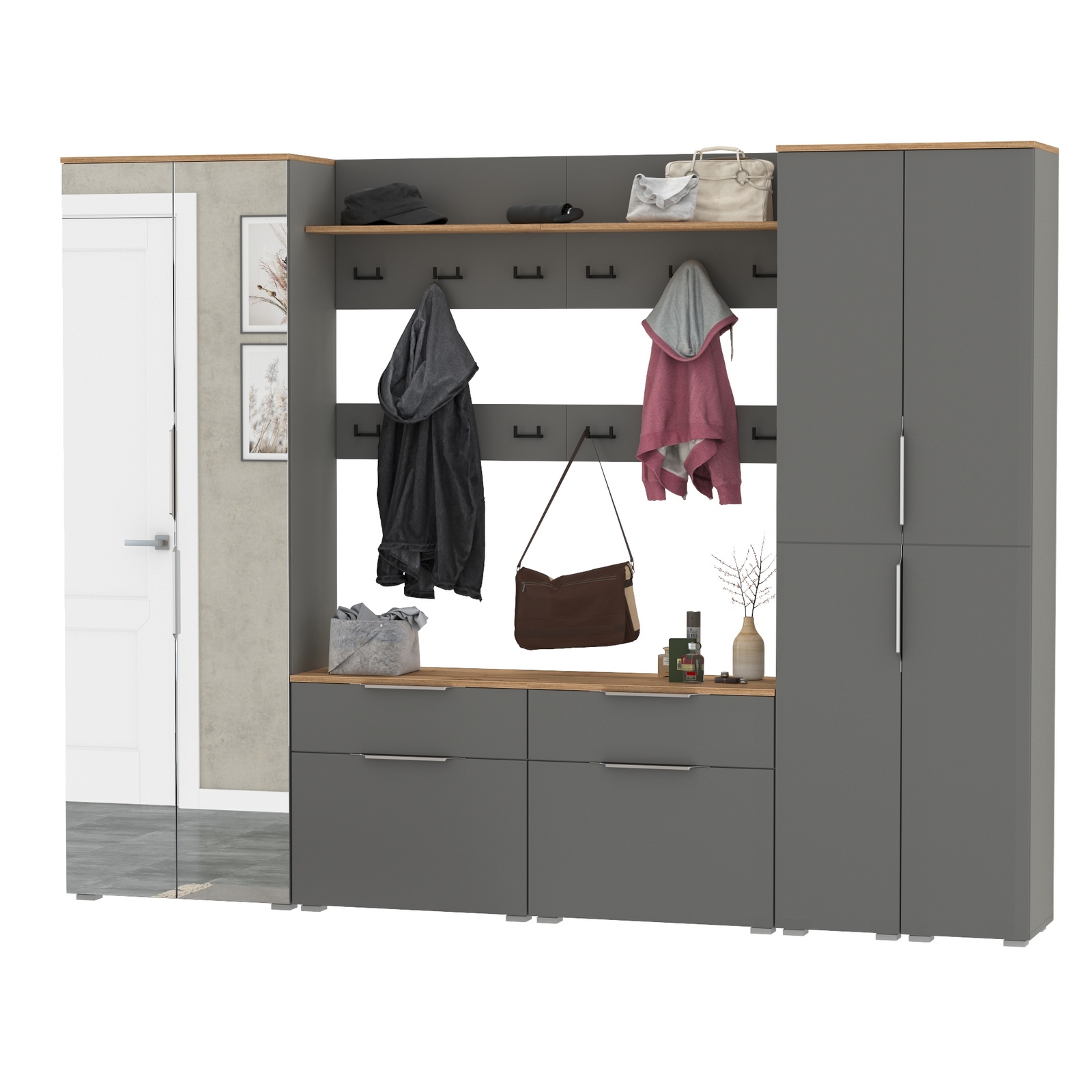 Изображение товара Комплект мебели для прихожей MOBI Октава № 37 150x197.6x35.4 см серый графит дуб золотой