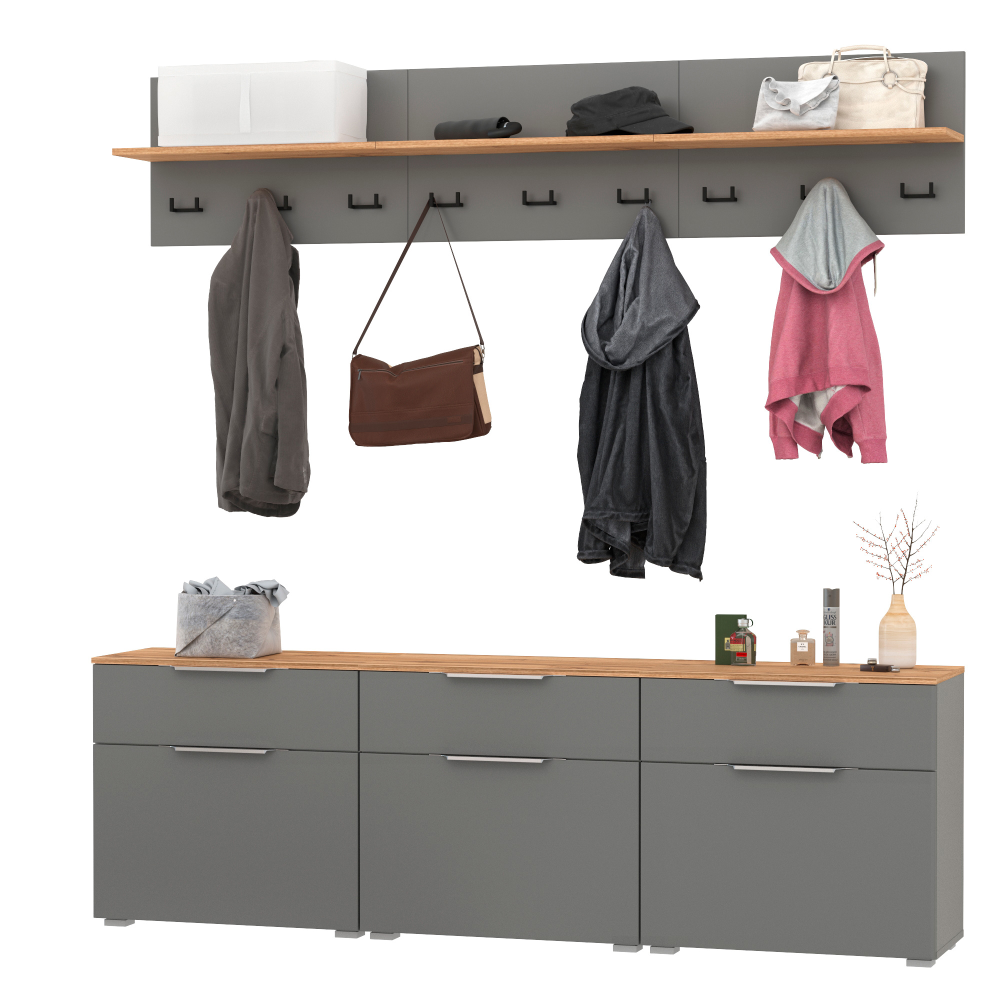 Изображение товара Комплект мебели для прихожей MOBI Октава № 04 150x197.6 см серый графит дуб золотой