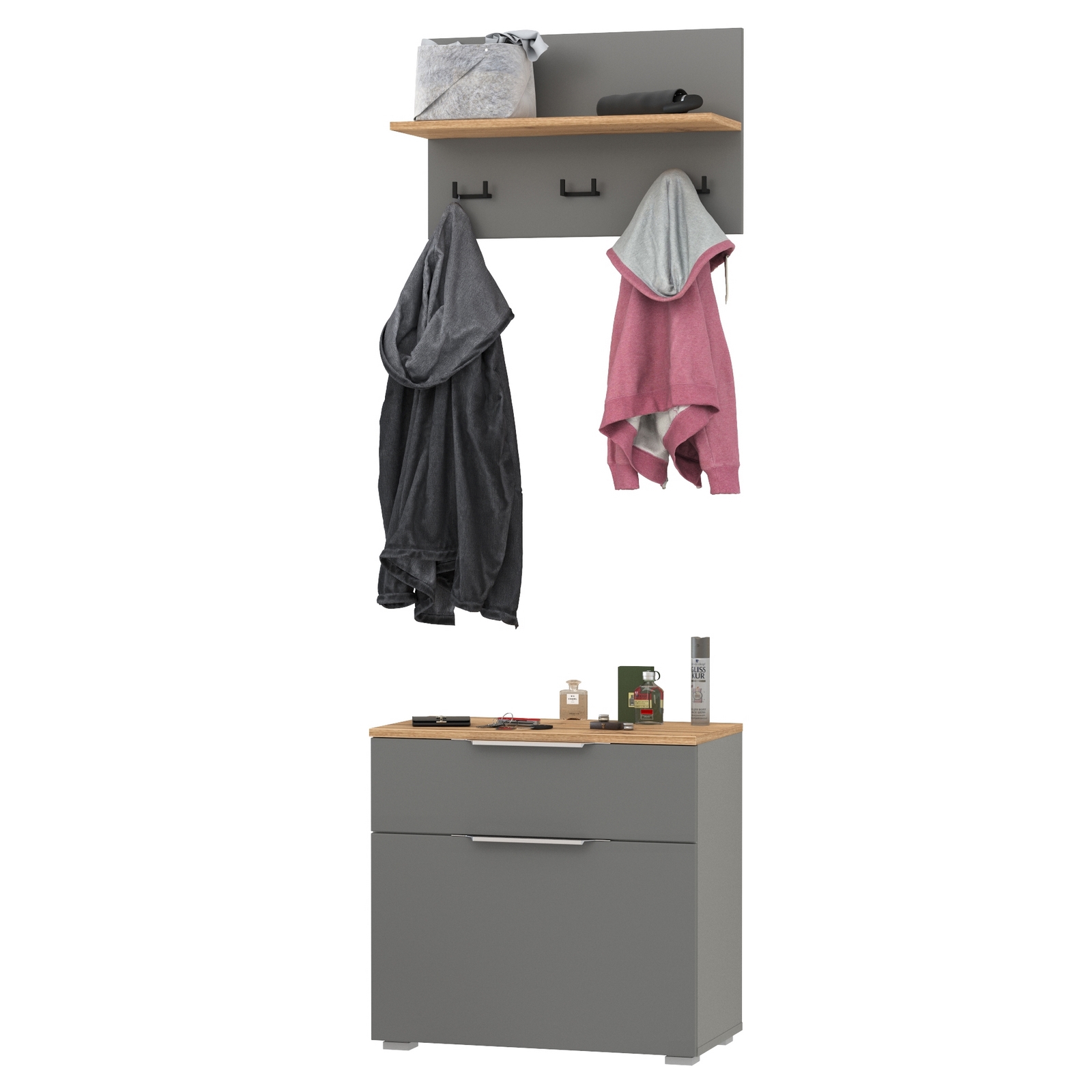 Изображение товара Комплект мебели для прихожей MOBI Октава 16.127+15.14.01 серый графит дуб золотой