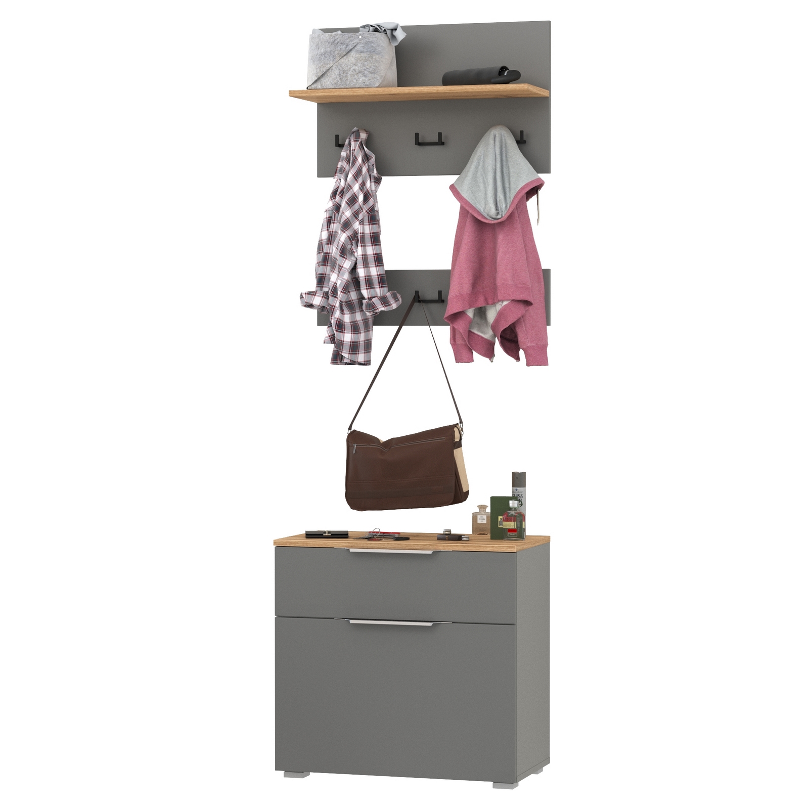 Изображение товара Шкаф-прихожая MOBI Октава 16.127+2х15.14.02 Серый графит/Дуб золотой с тумбой и двумя вешалками