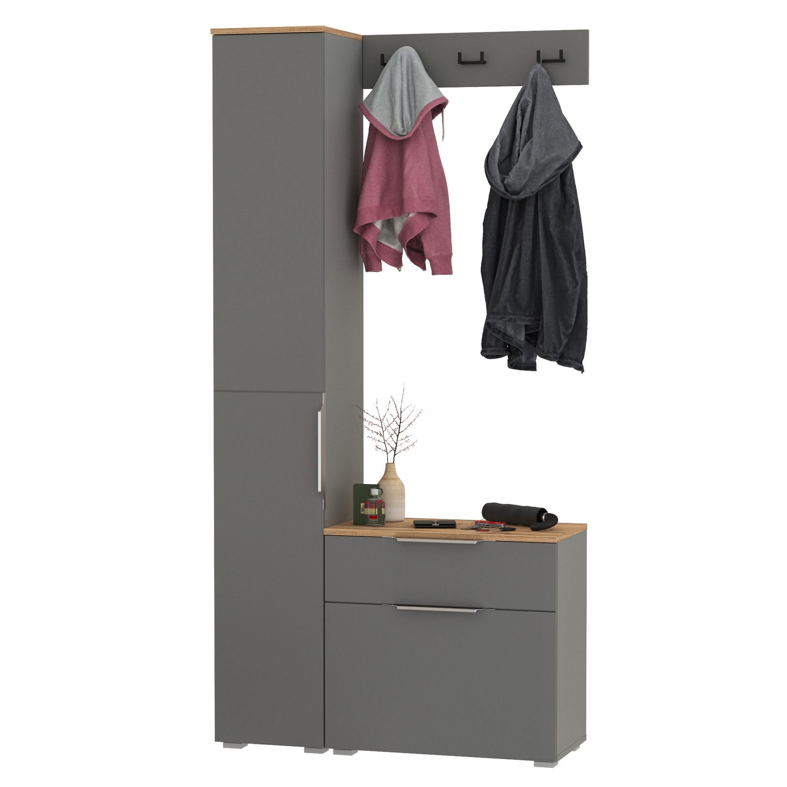 Изображение товара Комплект мебели для прихожей Mobi Октава № 15 97.1x197.6x35.4 см ЛДСП цвет серый графит/дуб золотой