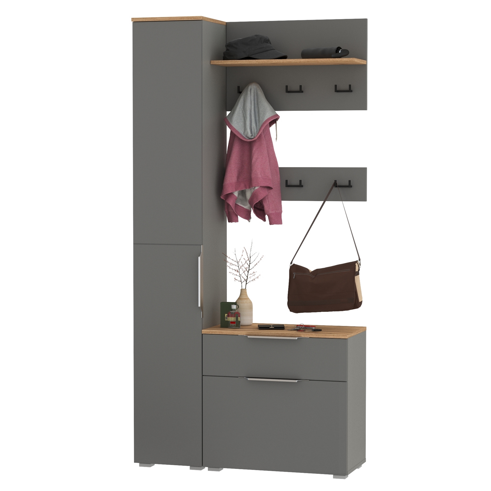 Изображение товара Комплект мебели для прихожей Mobi Октава № 16 97.1x197.6x35.4 см ЛДСП цвет серый графит/дуб золотой