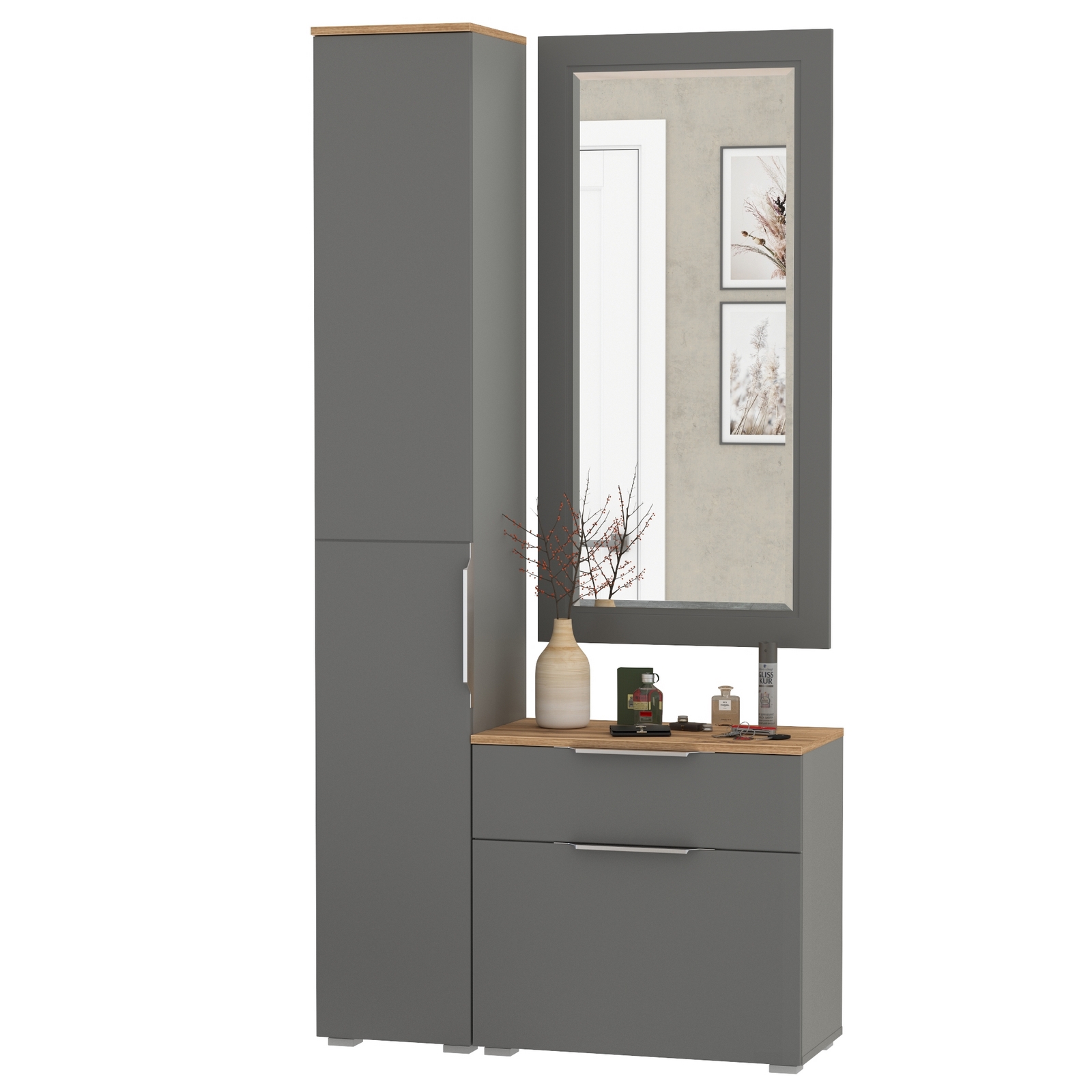 Изображение товара Комплект мебели для прихожей Моби Октава № 42 серый графит дуб золотой