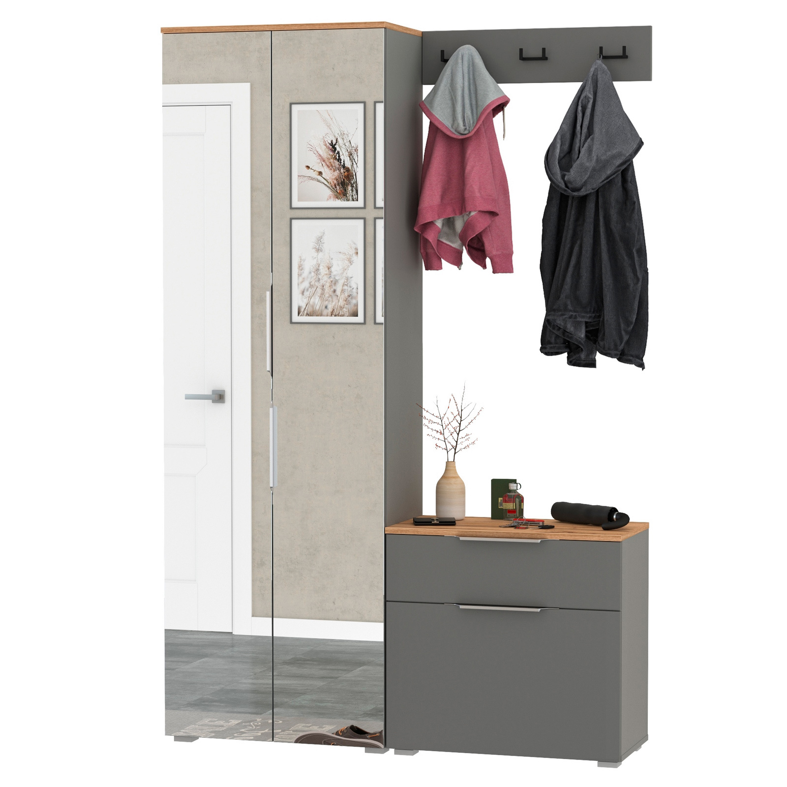 Изображение товара Комплект мебели для прихожей MOBI Октава № 11 серый графит дуб золотой