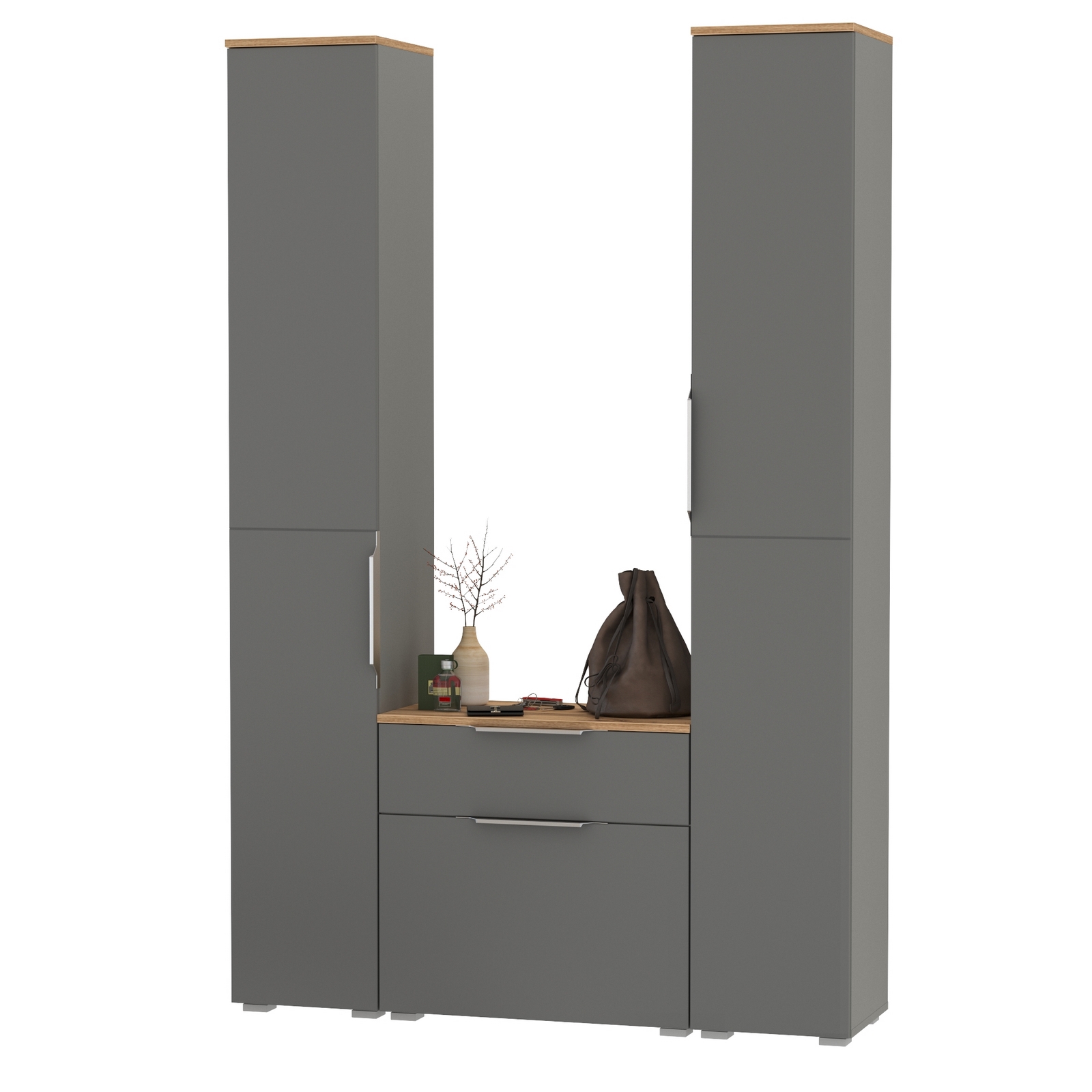 Изображение товара Комплект мебели для прихожей MOBI Октава № 17 129.3x197.6x35.4 см серый графит/дуб золотой