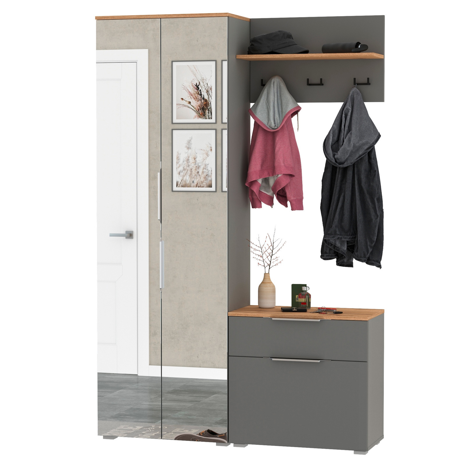 Изображение товара Комплект мебели для прихожей Mobi Октава № 10 129.3x197.6x35.4 см ЛДСП цвет серый графит/дуб золотой