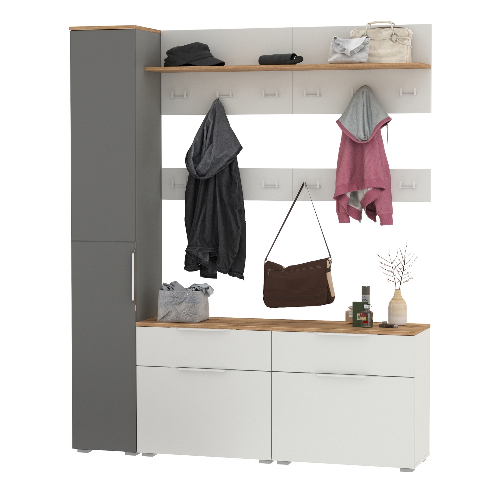 Изображение товара Комплект мебели для прихожей Mobi Октава № 52 7 предметов серый/дуб золотой