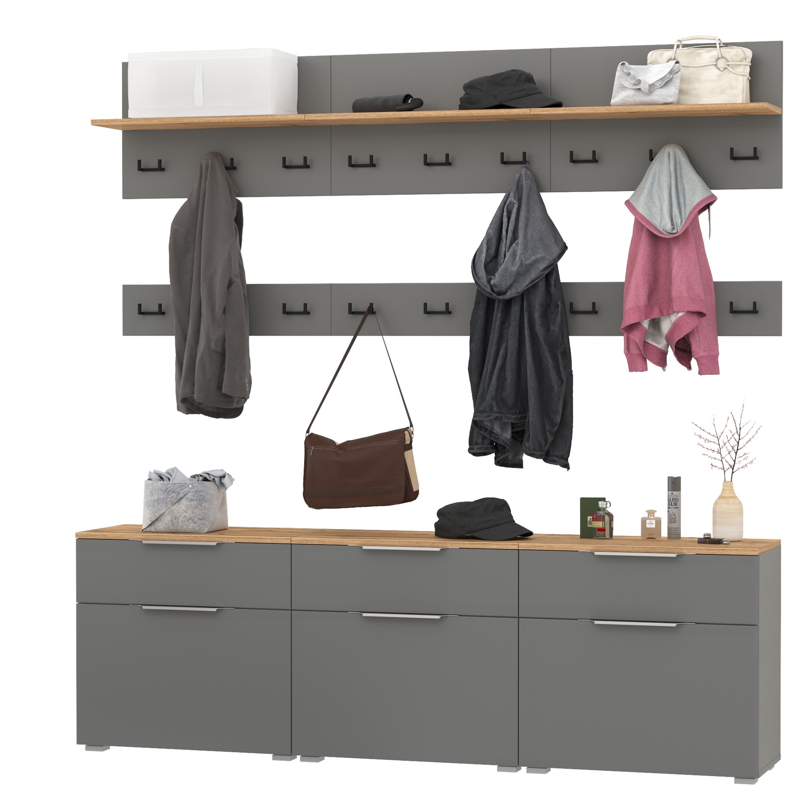 Изображение товара Комплект мебели для прихожей Mobi Октава № 08 150x197.6x35.4 см ЛДСП цвет серый/дуб золотой