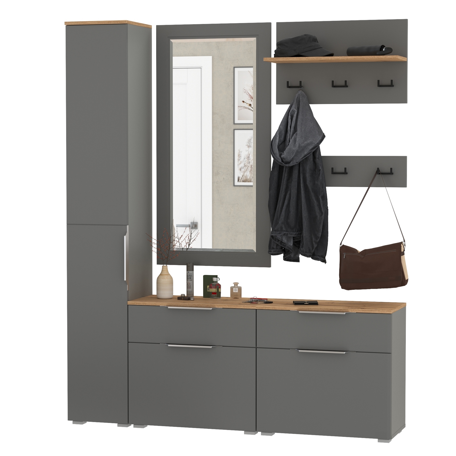 Изображение товара Комплект мебели для прихожей MOBI Октава № 44 150x197.6x35.4 см серый графит дуб золотой