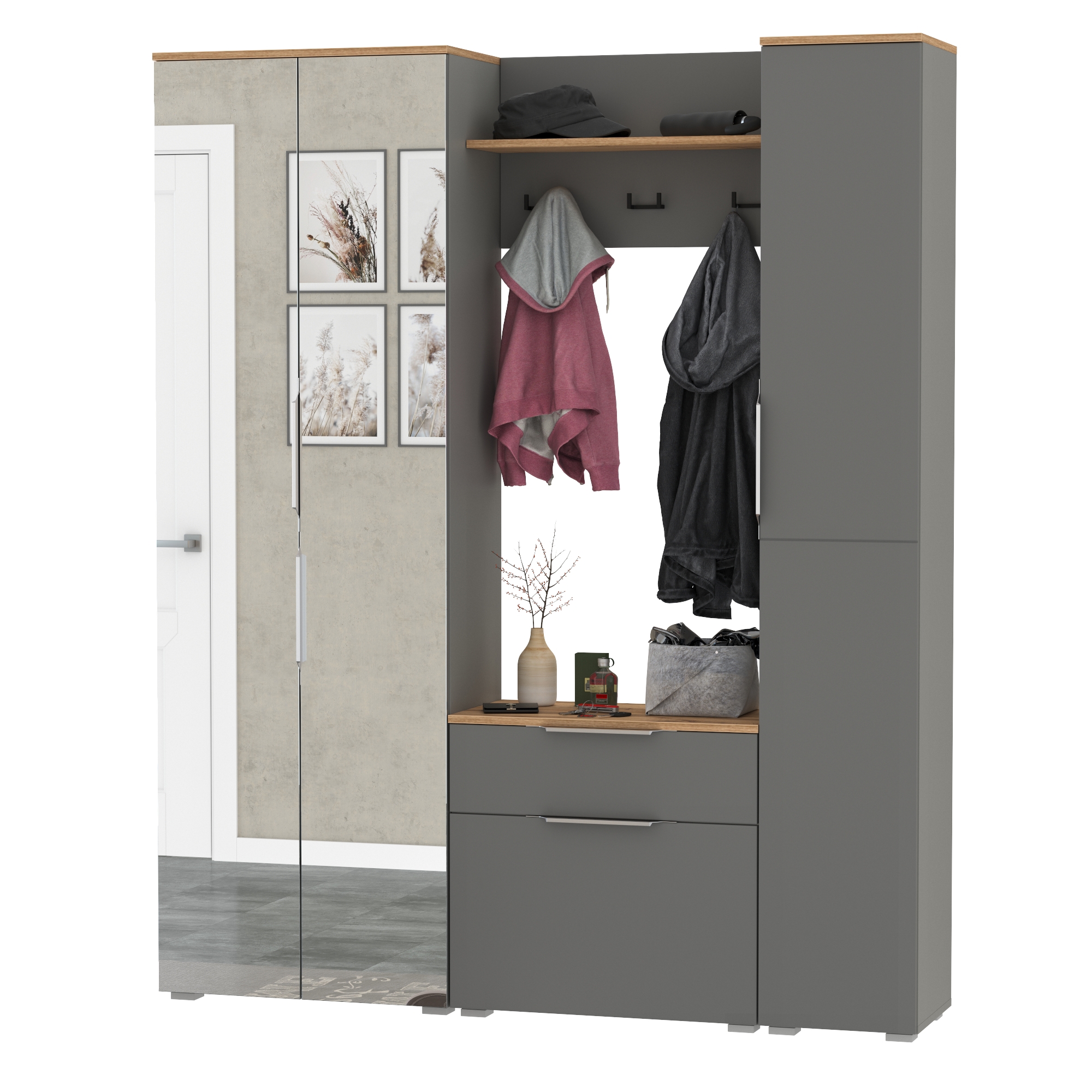 Изображение товара Комплект мебели для прихожей Mobi Октава № 22 150x197.6x35.4 см ЛДСП цвет серый графит/дуб золотой