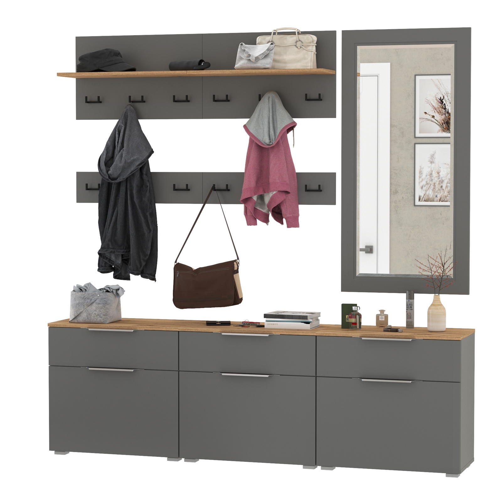 Изображение товара Комплект мебели для прихожей MOBI Октава № 41 150x197.6x35.4 см серый дуб золотой