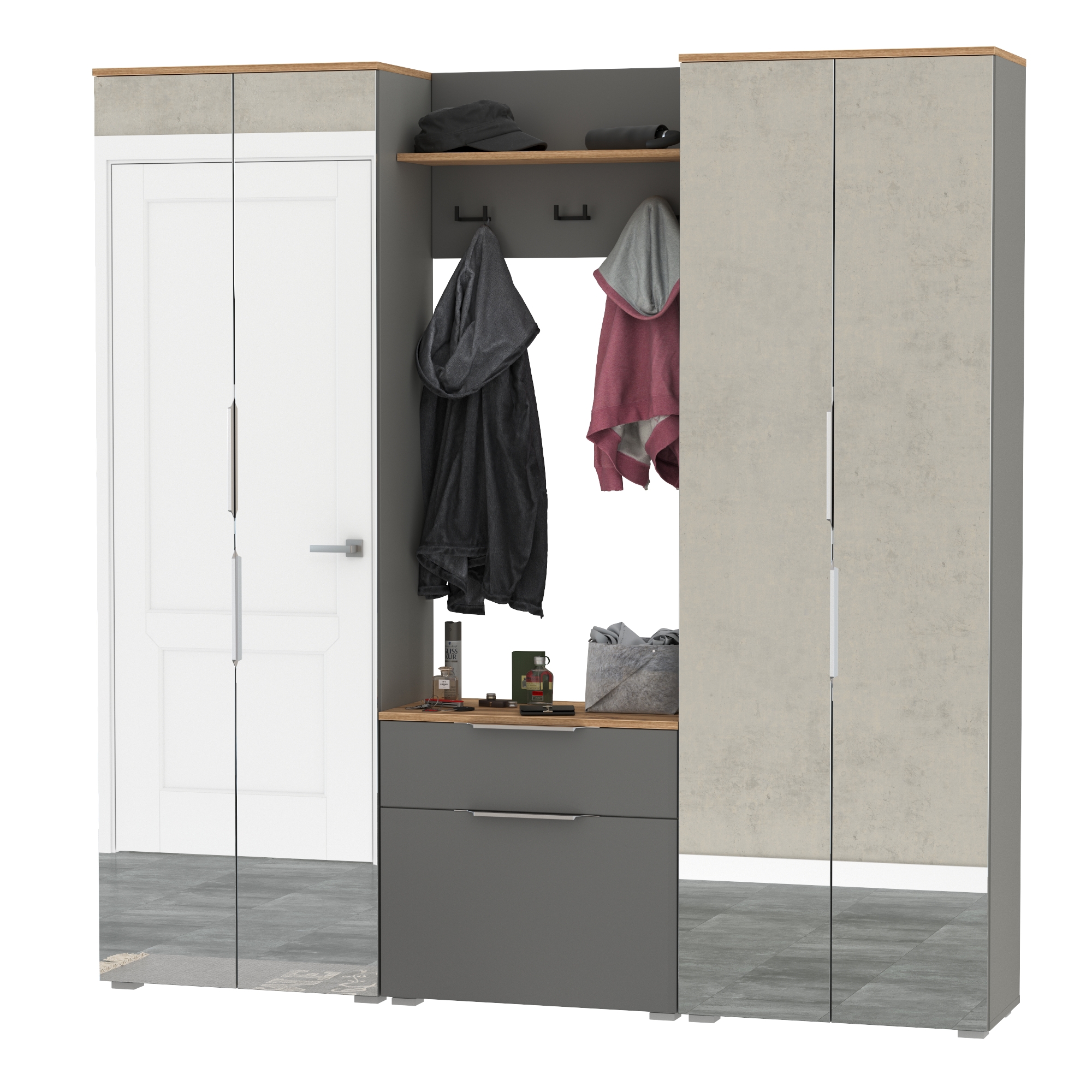 Изображение товара Комплект мебели для прихожей Mobi Октава № 25 150x197.6x35.4 см ЛДСП цвет серый/дуб золотой