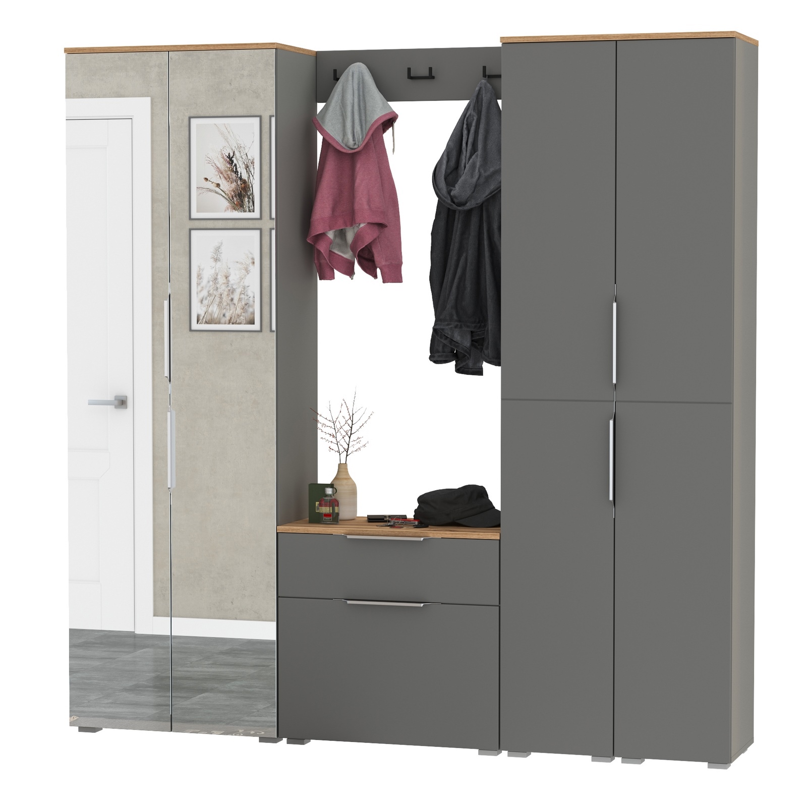 Изображение товара Комплект мебели для прихожей MOBI Октава № 30 150x197.6x35.4 см серый графит дуб золотой