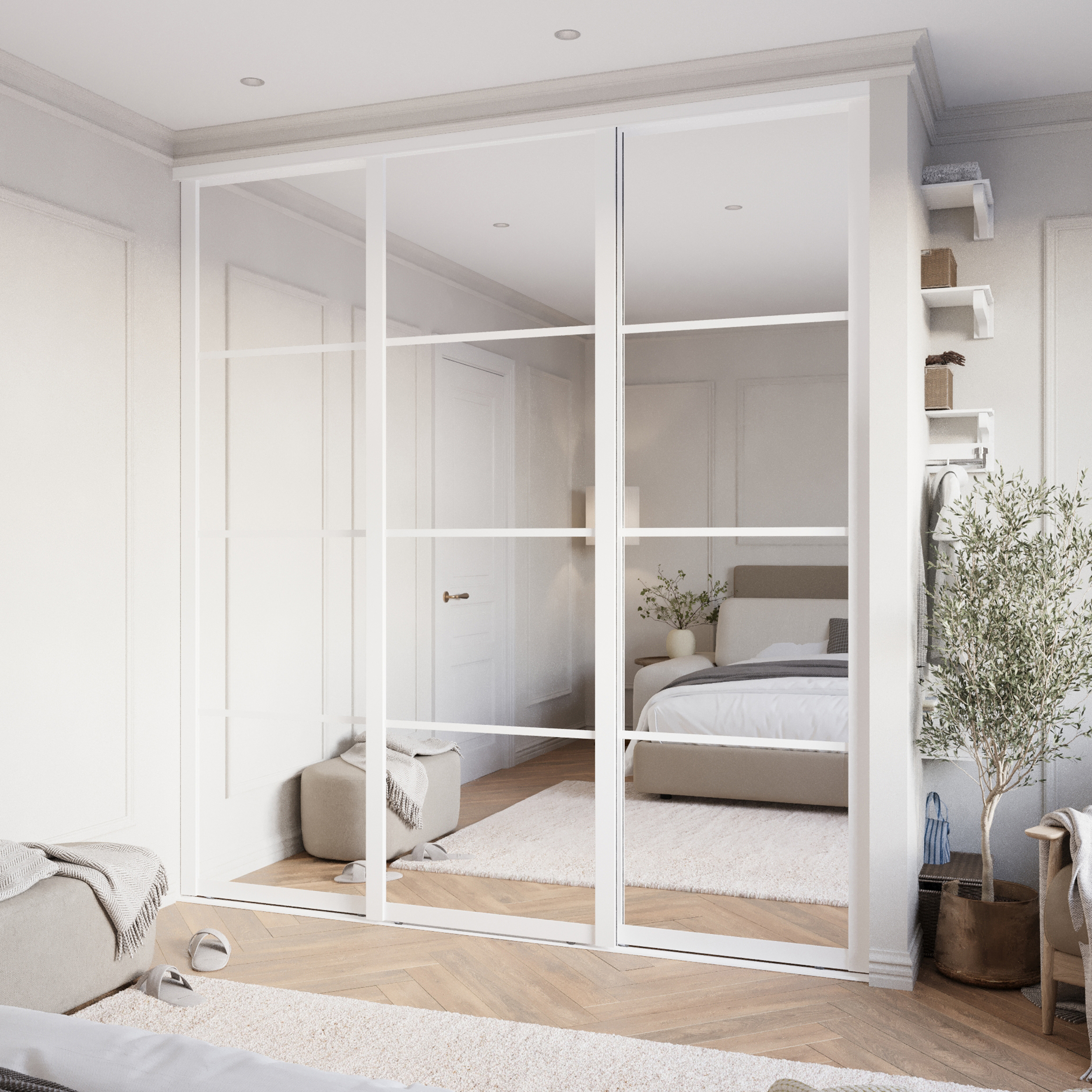 Изображение товара Дверь для шкафа-купе с разделением 225.5x80.4 см алюминий/зеркало цвет белый муар