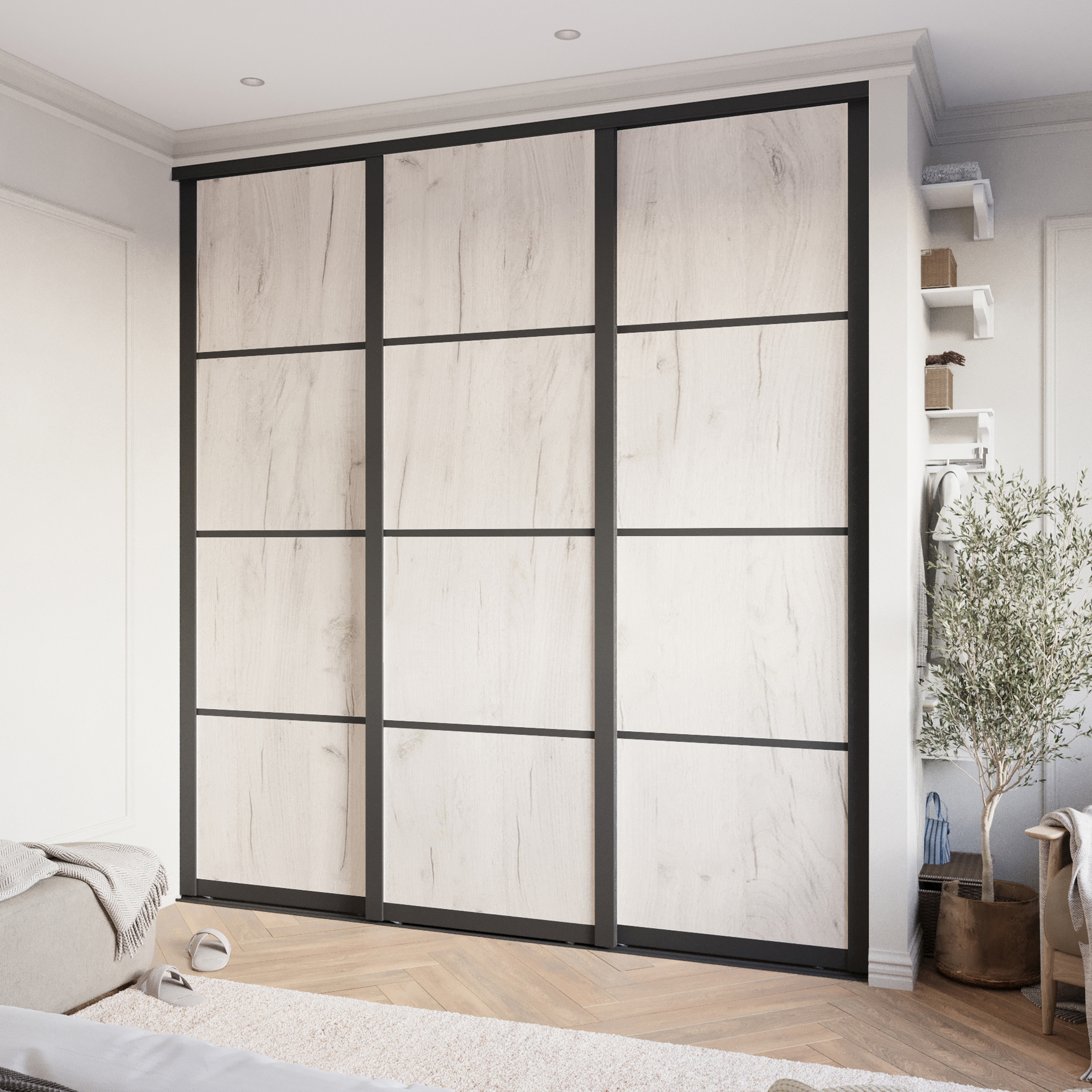 Изображение товара Дверь для шкафа-купе с разделением 245.5x80.4 см ЛДСП цвет дуб крафт белый/черный муар Изображение товара Дверь для шкафа-купе с разделением 245.5x80.4 см ЛДСП цвет дуб крафт белый/черный муар