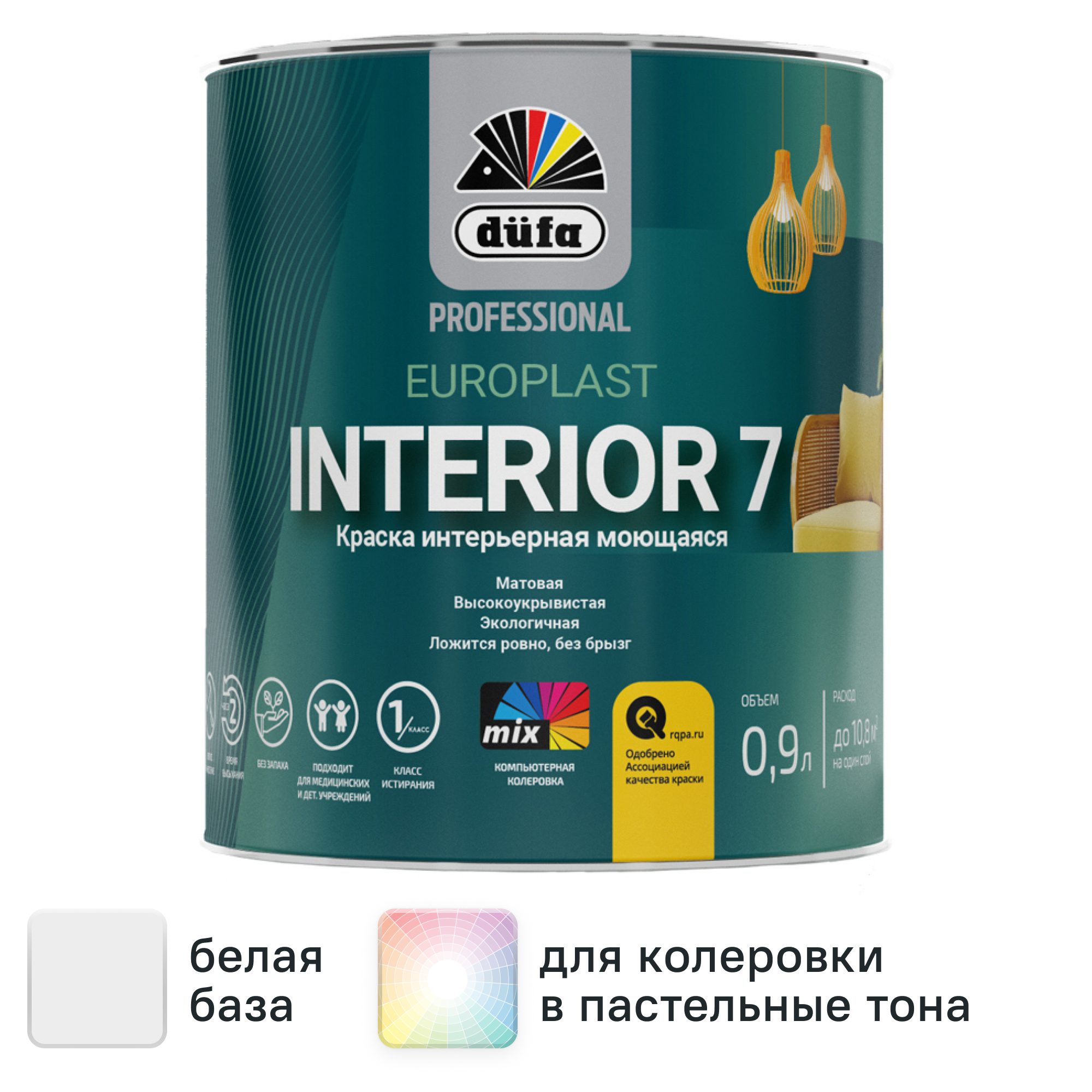 Изображение товара Краска для стен и потолков Dufa Europlast Interior 7 матовая, белая, 0.9 л