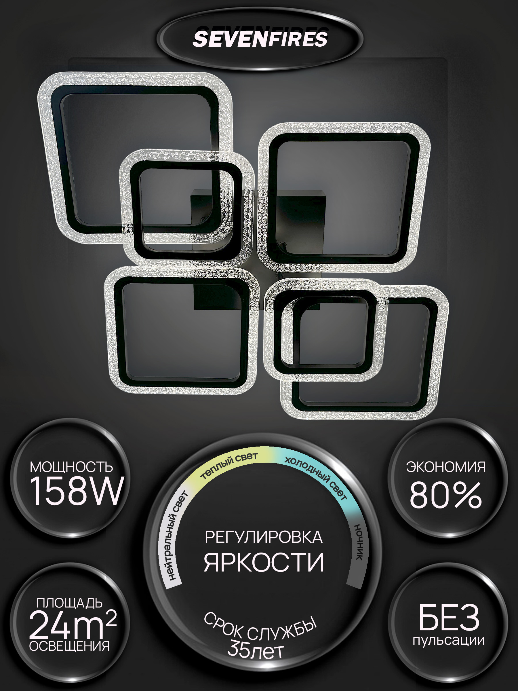 Изображение товара Люстра потолочная светодиодная Семь Огней Rayan с пультом 20 м² регулируемый белый свет черная