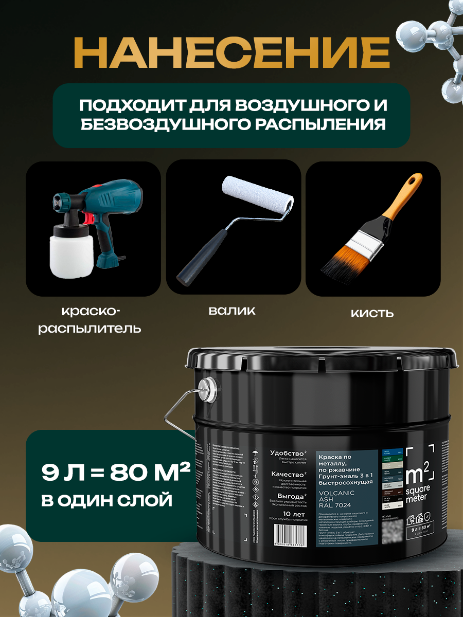 Изображение товара Грунт-эмаль 3 в 1 по ржавчине m2 Square Meter матовая цвет RAL 7024 графит 9л