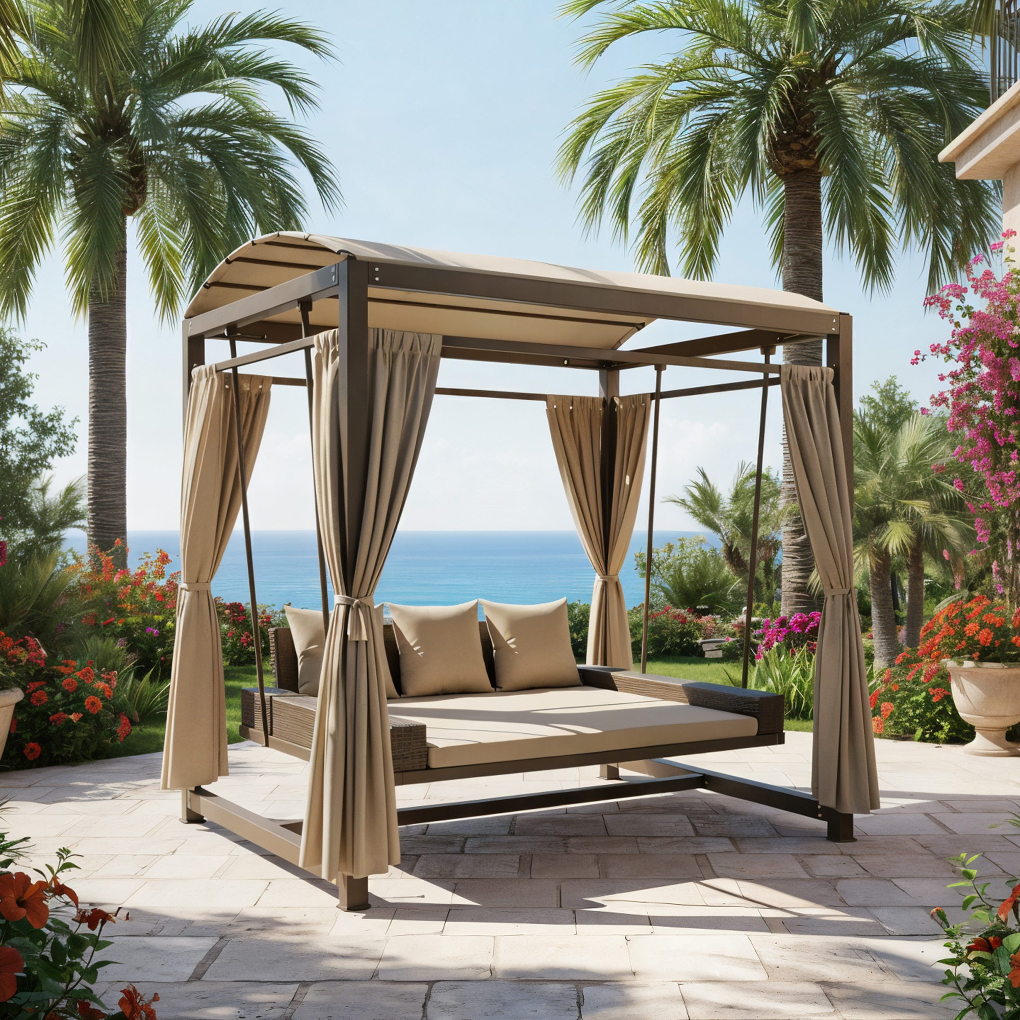 Изображение товара Качели садовые Greengard Астория 3-х местные бежевый/коричневый Изображение товара Качели садовые Greengard Астория 3-х местные бежевый/коричневый