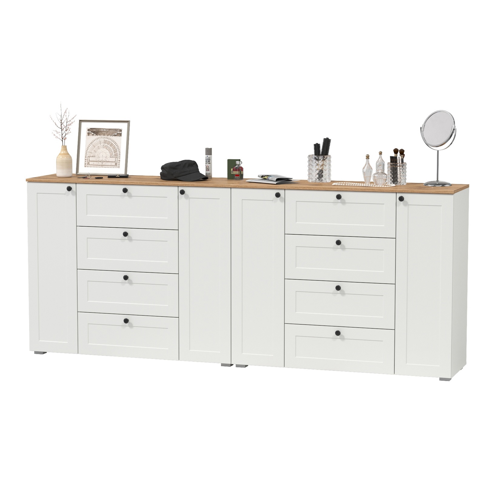 Изображение товара Комод Mobi Остин 8 ящиков 120x41.9x99.3 см ЛДСП цвет белый/дуб крафт золотой