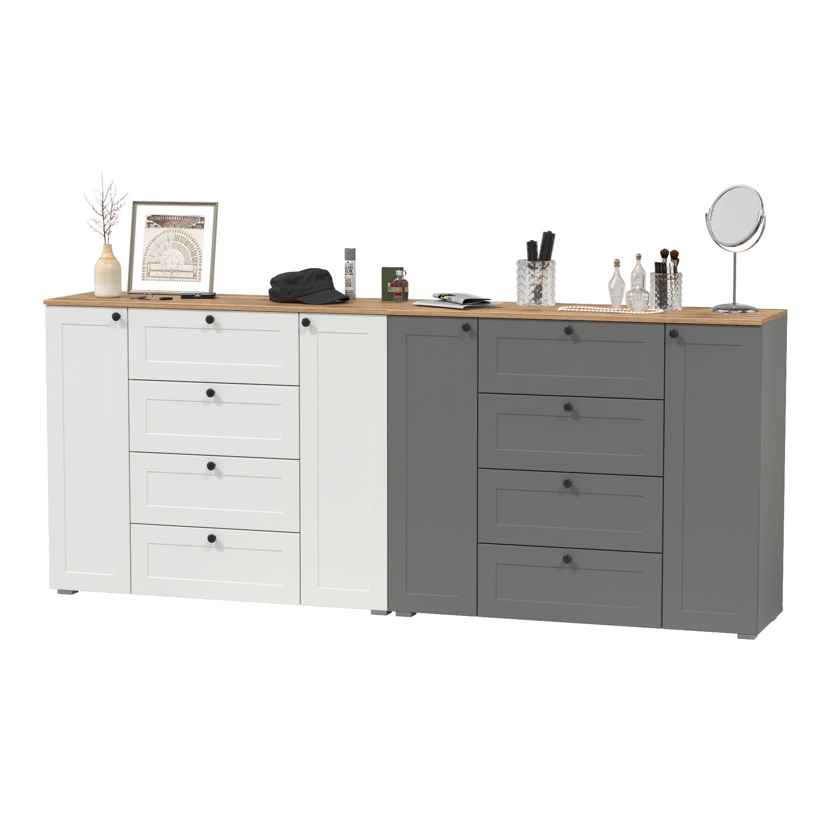 Изображение товара Комод Mobi Остин 8 ящиков 120x41.9x99.3 см ЛДСП цвет белый/графит/дуб крафт золотой