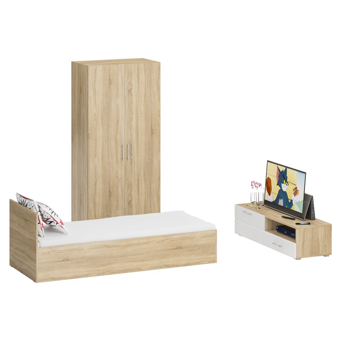 Изображение товара Спальный гарнитур Свк Стандарт № 3 80x200 см дуб сонома с тумбой и шкафом