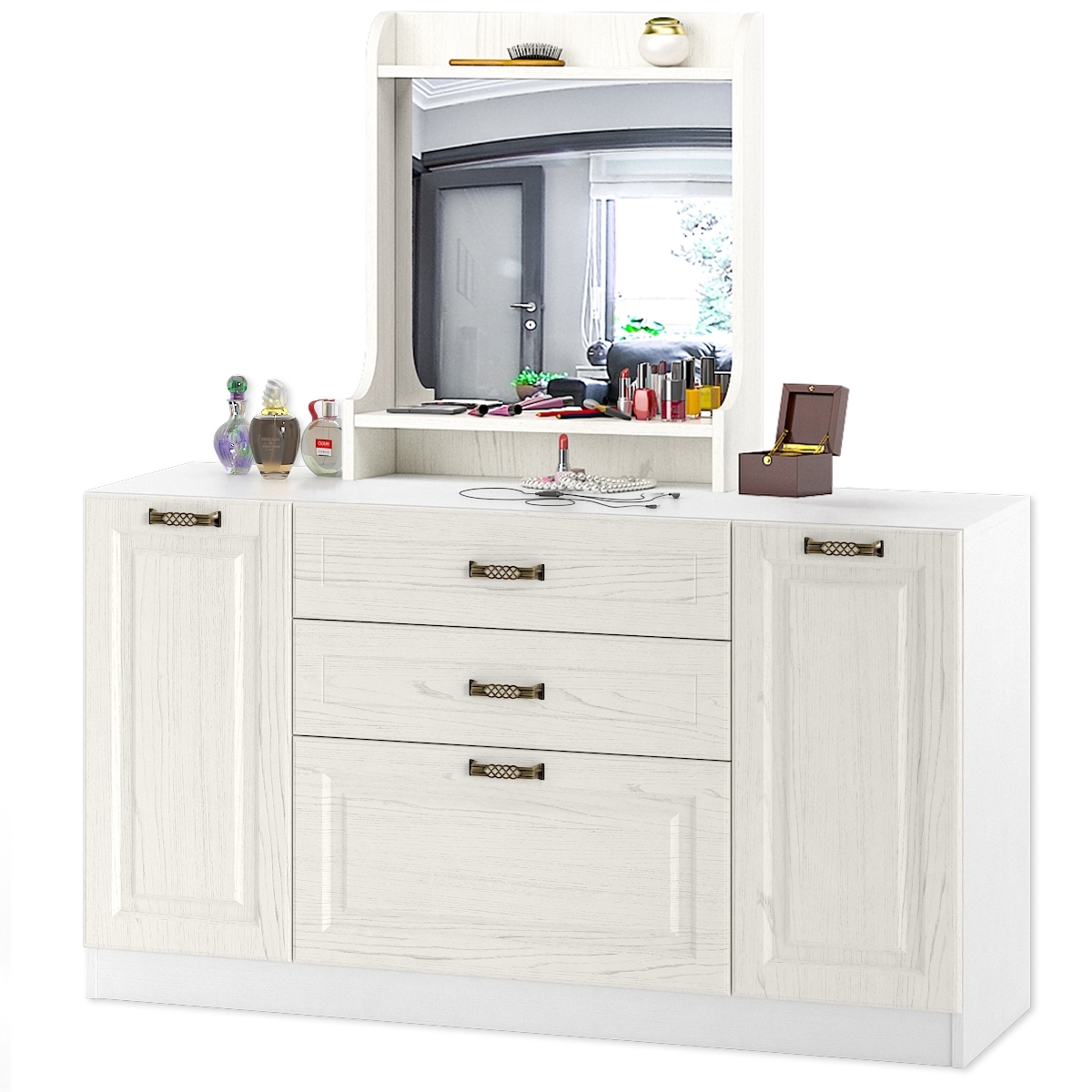 Изображение товара Комод Mobi Ливерпуль с зеркалом 3 ящика 140x41.4x148.3 см ЛДСП цвет ясень ваниль/белый