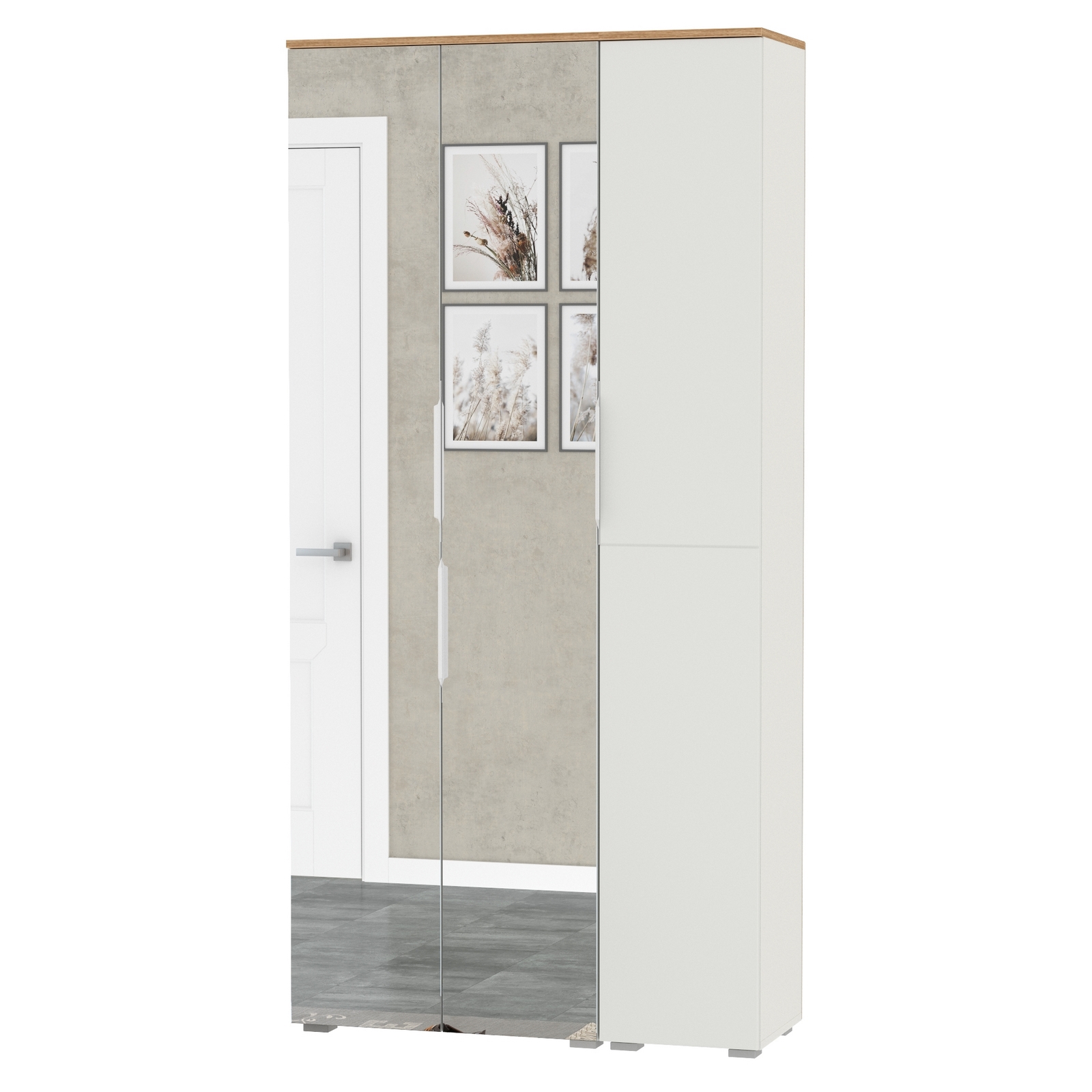 Изображение товара Шкаф распашной Mobi Октава с 3 дверями 96.4x197.6x35.3 см ЛДСП цвет белый шагрень/дуб золотой/зеркало