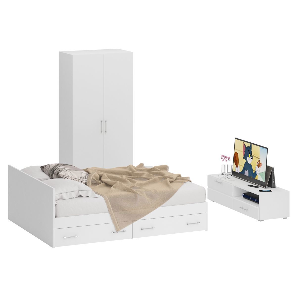 Изображение товара Кровать Свк Стандарт 160x200 Белая с ящиками и тумбой под ТВ