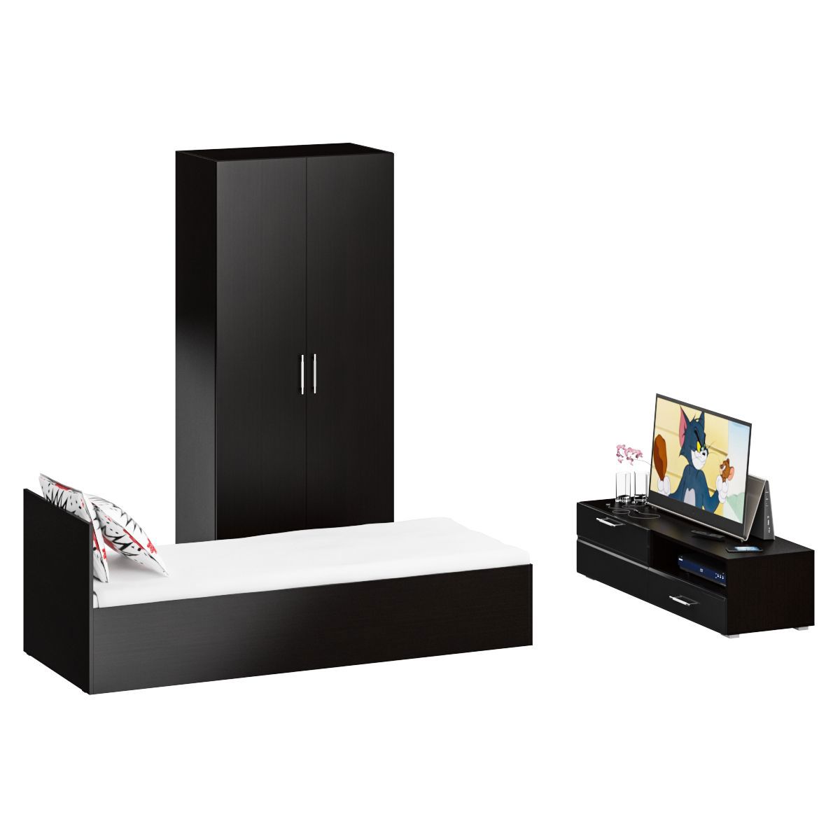 Изображение товара Спальный гарнитур Свк Стандарт № 3 80x200 см кровать шкаф тумба под ТВ венге глянец