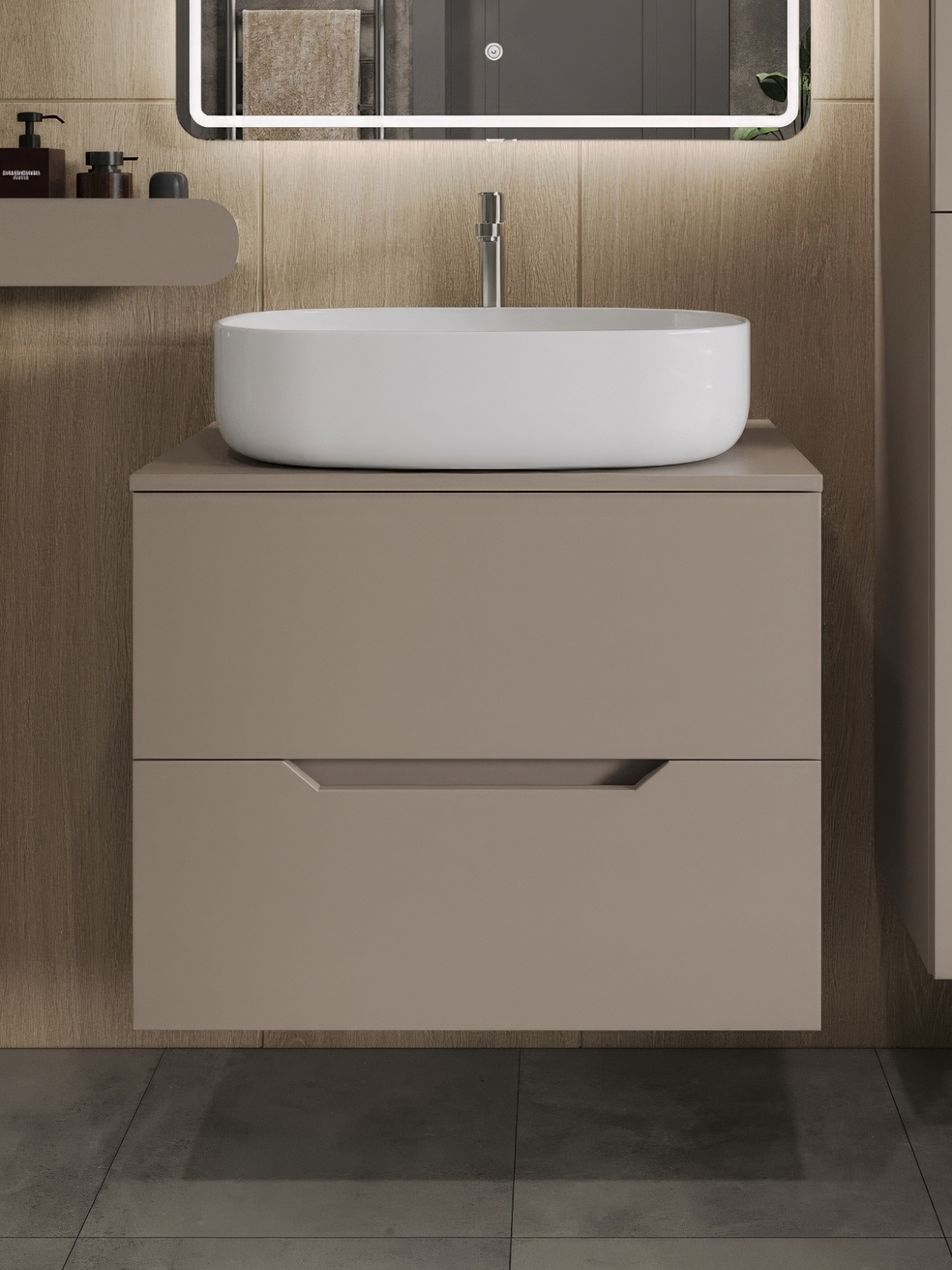 Изображение товара Тумба под раковину подвесная Topline FLIPTUS70L-4600W 70см с раковиной цвет Латте матовый Изображение товара Тумба под раковину подвесная Topline FLIPTUS70L-4600W 70см с раковиной цвет Латте матовый