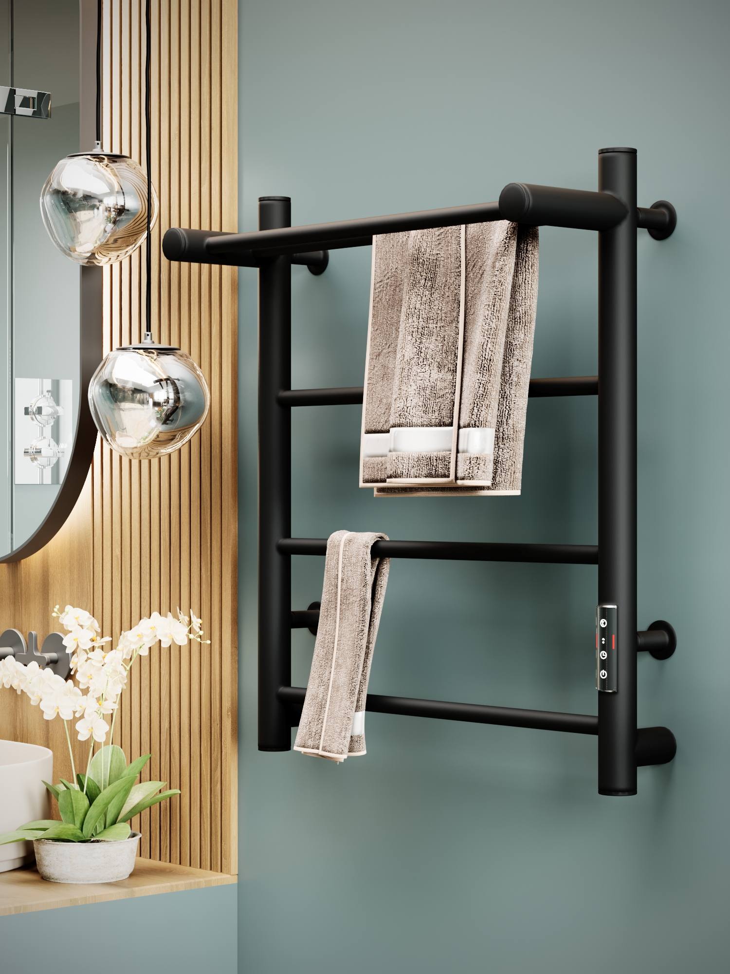 Изображение товара Электрический полотенцесушитель Aksan 600 мм с терморегулятором и полкой черный