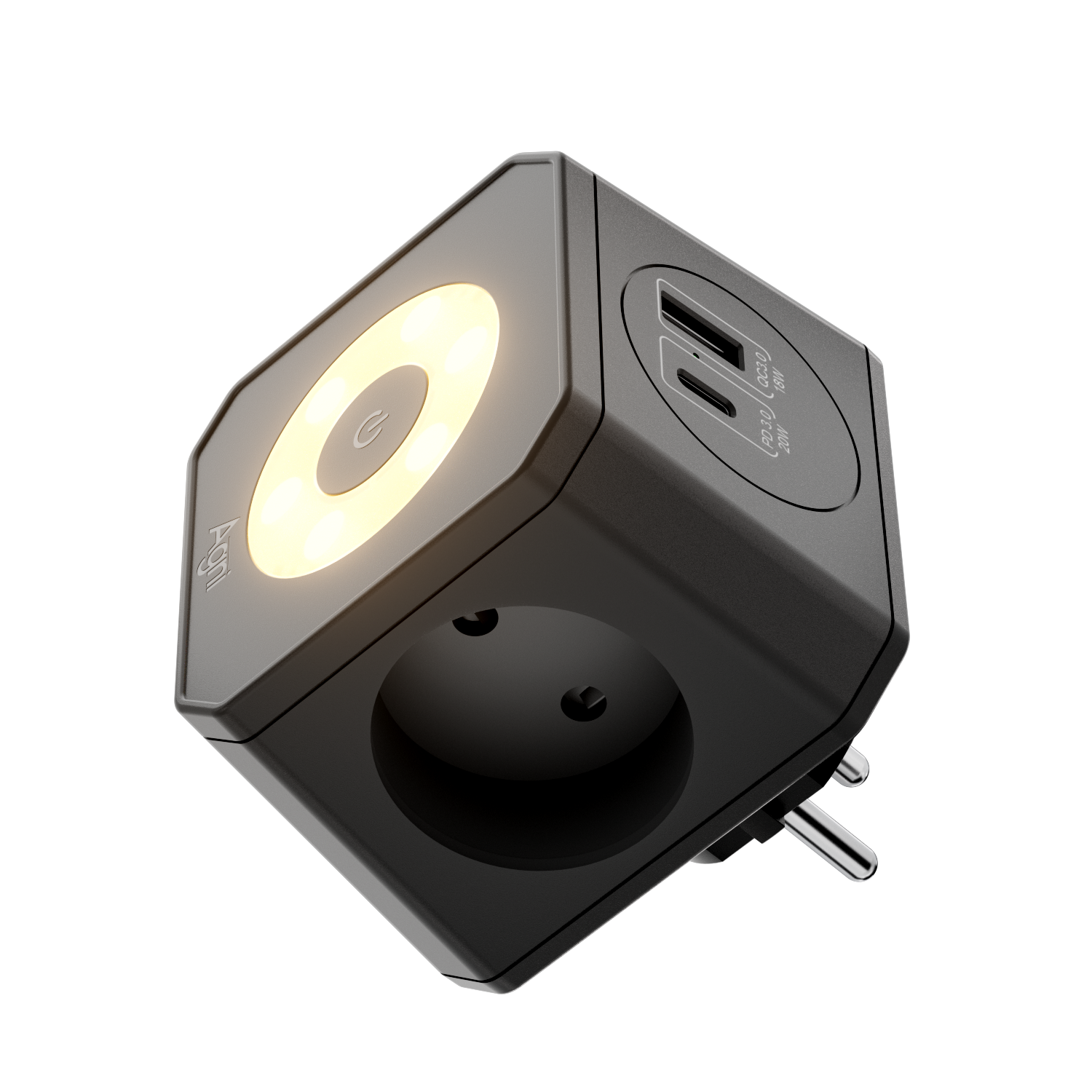 Изображение товара Разветвитель на 3 розетки Agni TP-WJ2U3E-L ночник/1 USB 18 Вт/1 Type-C 20 Вт черный