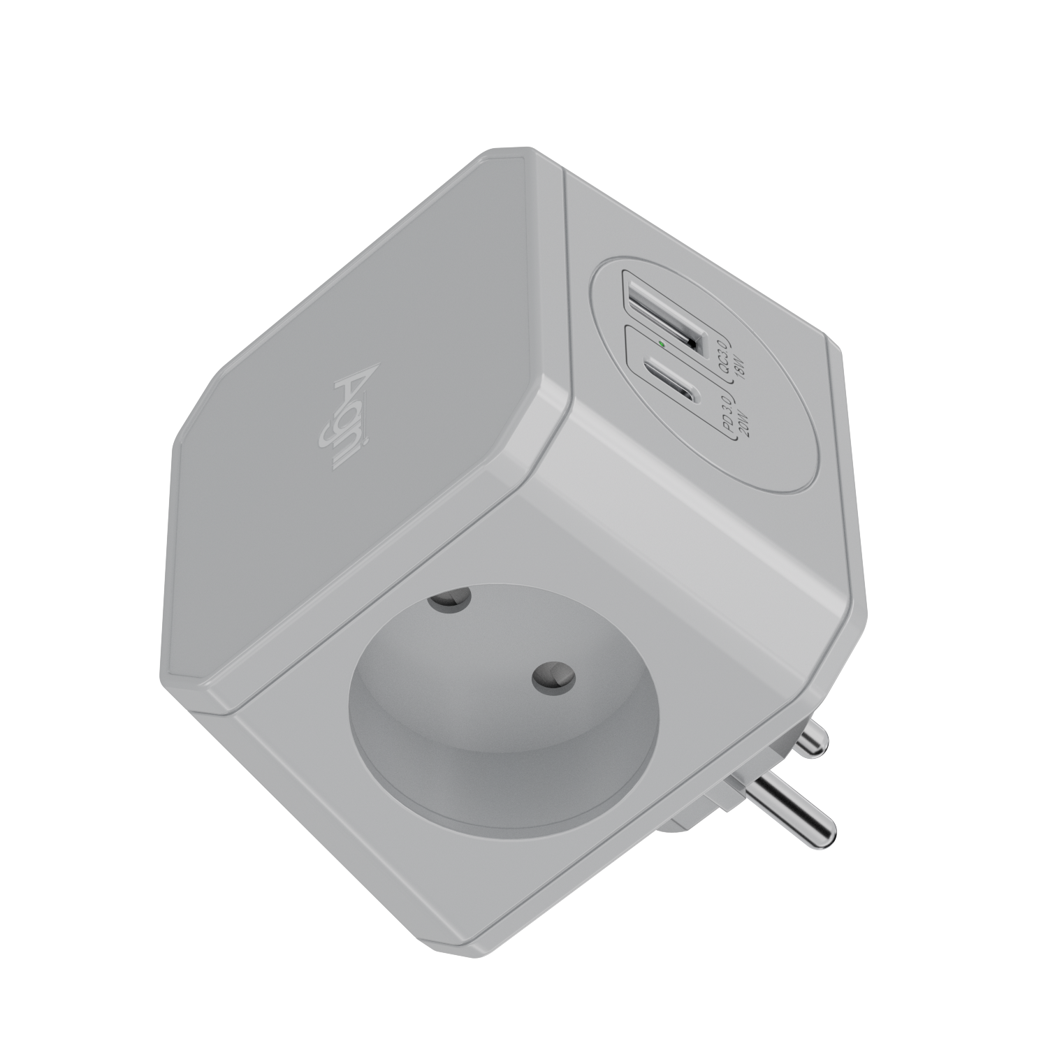 Изображение товара Разветвитель на 3 розетки Agni TP-WJ2U3E 1 USB 18 Вт+1 Type-C 20 Вт серебристо-серый
