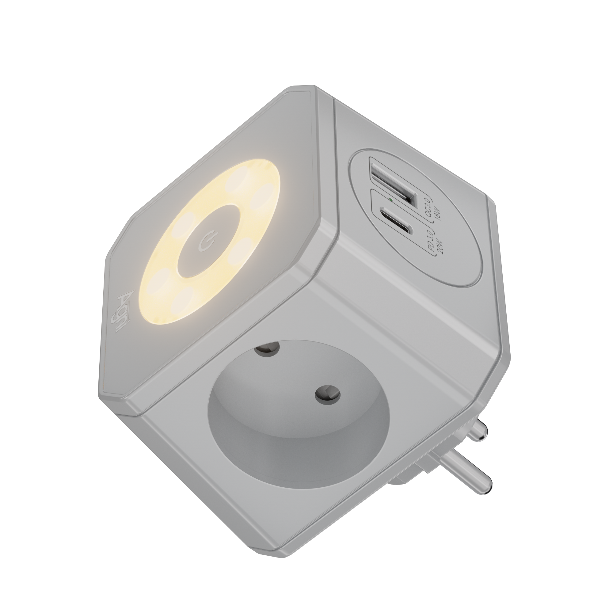 Изображение товара Разветвитель на 3 розетки Agni TP-WJ2U3E-L ночник/1 USB 18 Вт/1 Type-C 20 Вт серебристо-серый