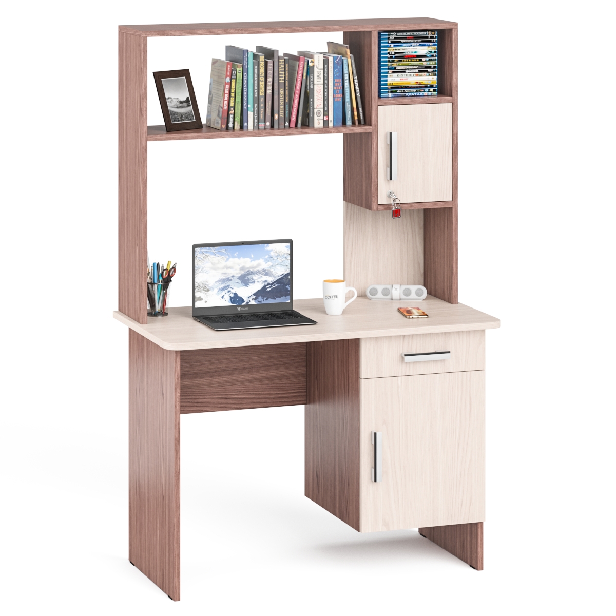 Изображение товара Стол письменный с надстройкой МД-109Н Мебельный двор С-Мд 105x162x57 см ЛДСП цвет ясень шимо светлый/тёмный