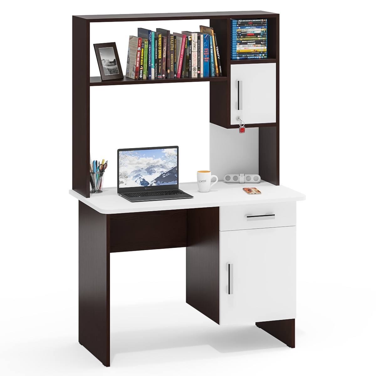 Изображение товара Стол письменный с надстройкой МД-109Н Венге/Белый шагрень — 105x162x57 см