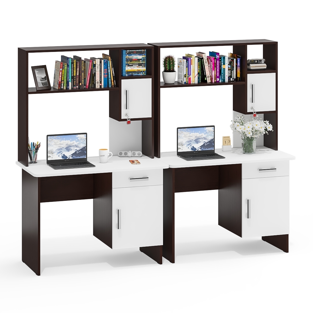 Изображение товара Стол письменный с надстройкой Мебельный двор С-МД-1-09Н 210x162x57 см ЛДСП цвет венге/белый шагрень 2 шт.