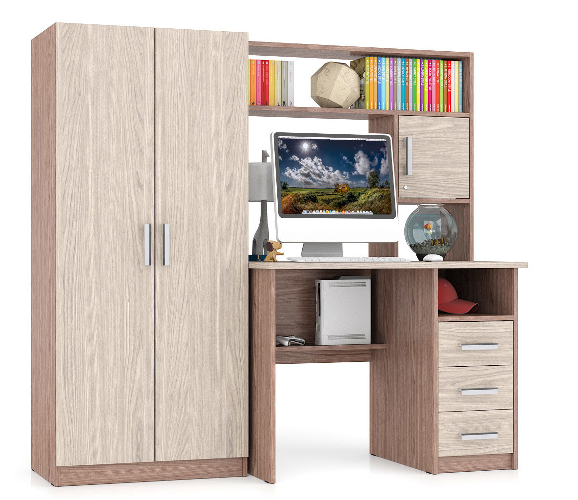 Изображение товара Стол компьютерный Мебельный двор МД-СК-9 со шкафом 172x160x70 см ЛДСП цвет ясень шимо светлый/тёмный