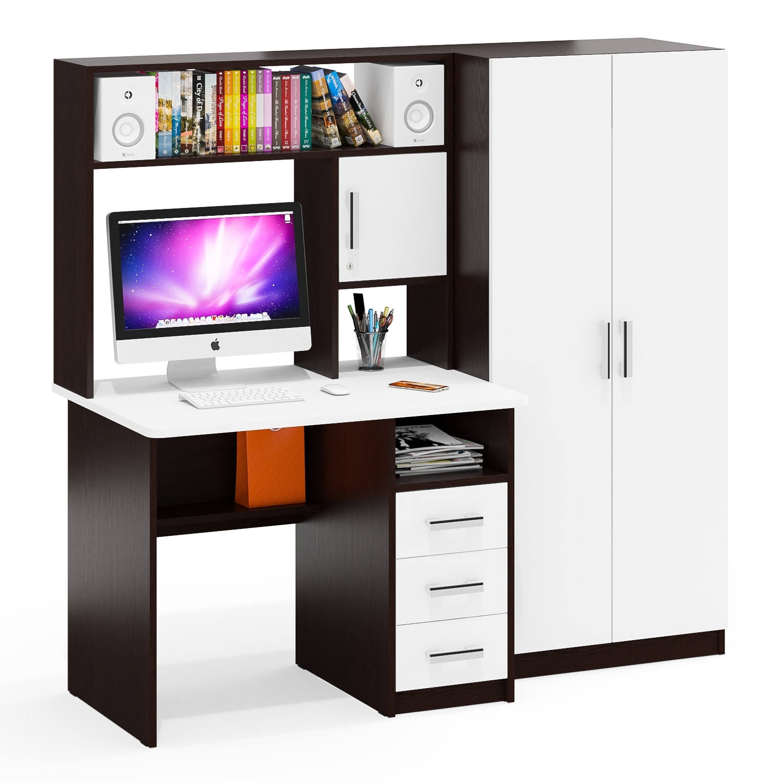 Изображение товара Стол компьютерный Мебельный двор МД-СК-9 со шкафом 172x160x70 см ЛДСП цвет венге/белый шагрень