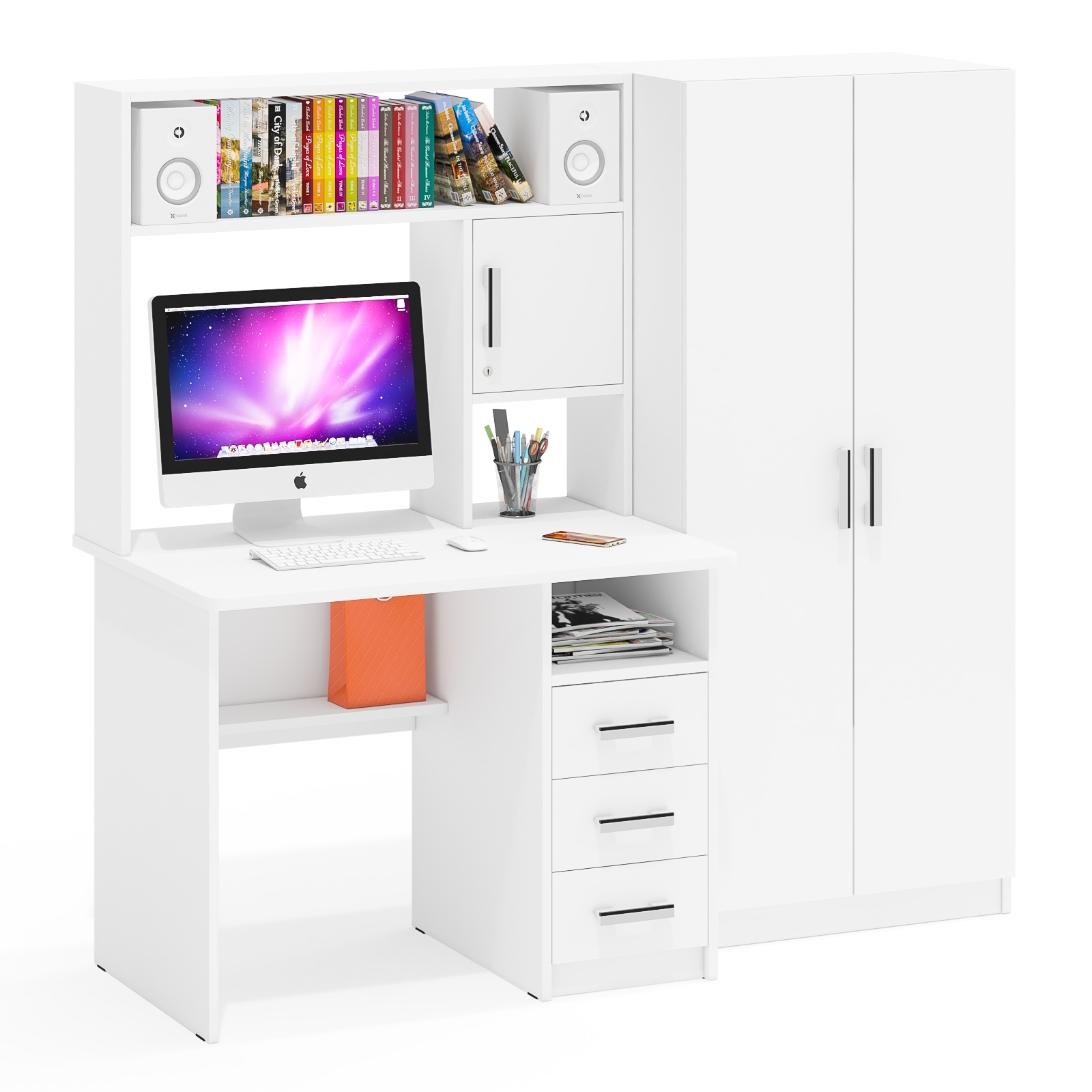 Изображение товара Стол компьютерный Мебельный двор МД-СК-9 со шкафом 172x160x70 см ЛДСП цвет белый шагрень