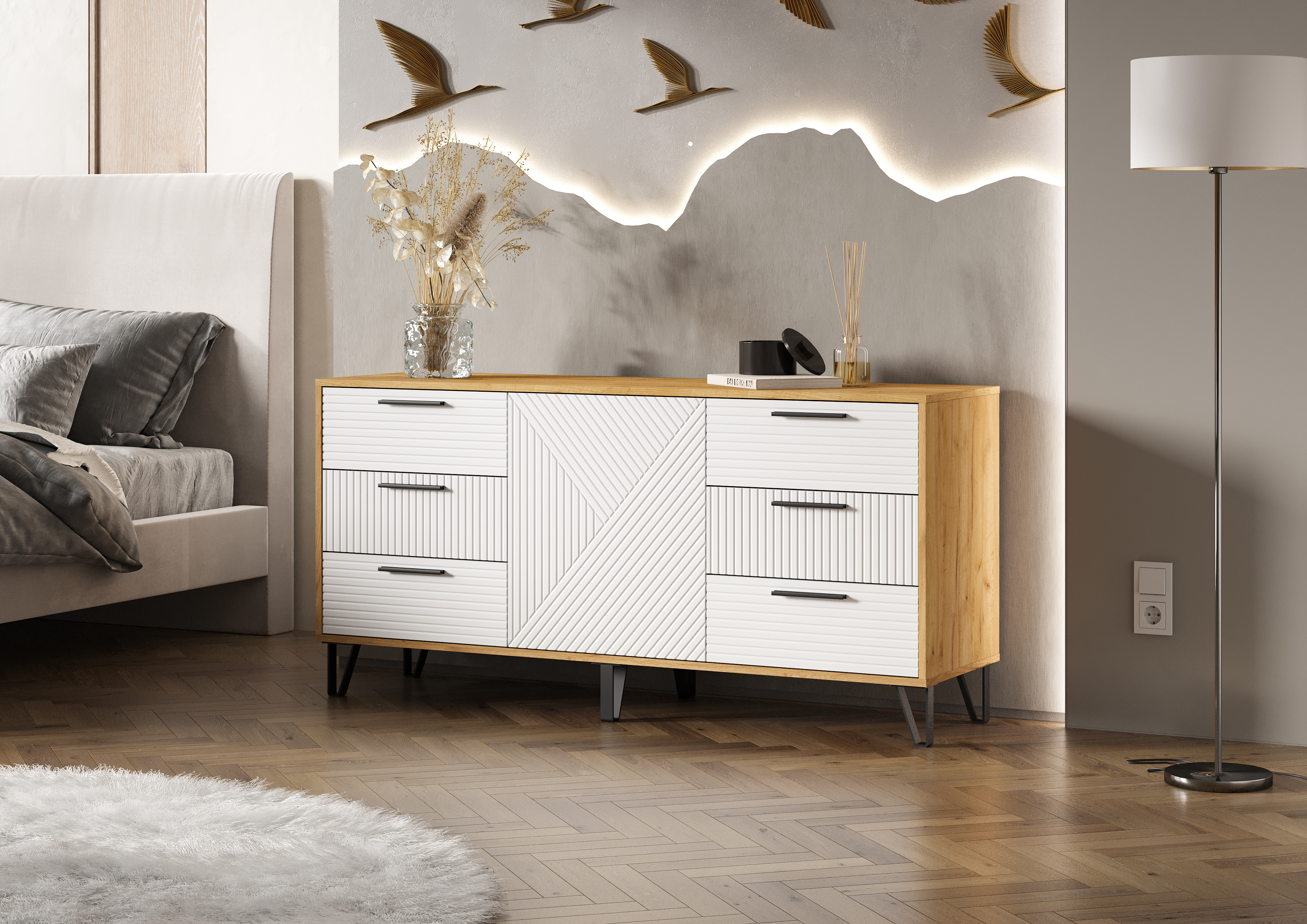 Изображение товара Комод Миф Флэш 6 ящиков 150x42x73 см ЛДСП цвет дуб крафт/браш вайт